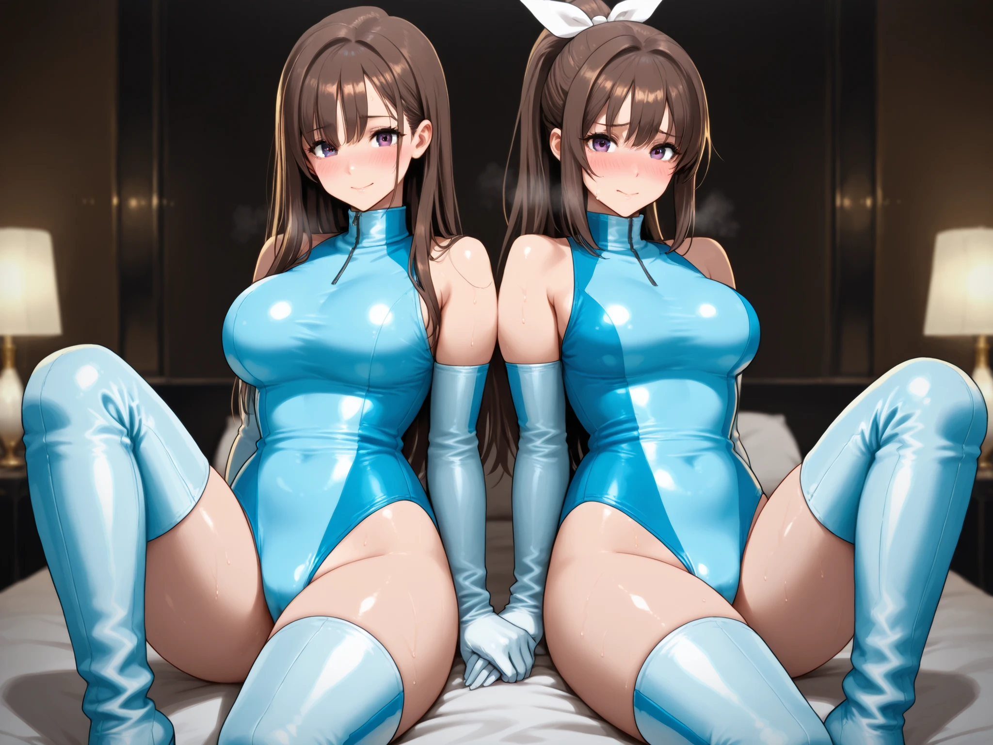 score_9, score_8_up, score_7_up, rating_explicit, score_anime, masterpiece, best quality, extremely detailed, sharp focus, illustration, 8k cg wallpaper, (ultra high-res), very detailed, straight-on, nsfw, 1girl, 18yo, very cute face, black hair, short bob hair, straight hair, light blue eyes, (large breasts:0.8), shy, blush, shiny metallic blue reverse bunnysuit, metallic blue playboy bunny ears headband, (black gtights:1.1), high heels, heart hands on breasts, squatting, spread legs widely, at bar, full body, BREAK bare stomach, bare flank skin, (detailed background:1.1)