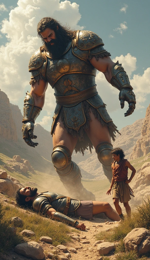 David and Goliath fighting in a desert field