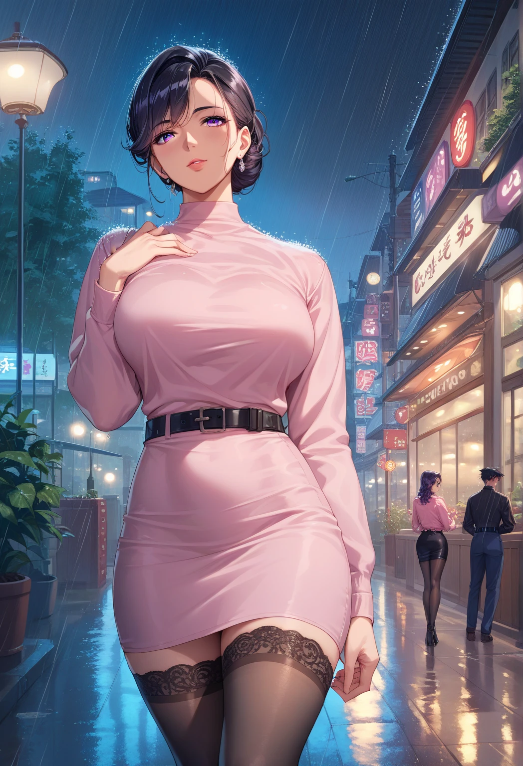 a korean woman walking in the city, buildings, night, plants,smile, mixed Korean, ((background blur)) , focus, professional photography, dynamic angle shot, film grain, bokeh, ray tracing, dynamic lighting, tilt camera, very close up shot, lens flare,
(((masterpiece))), ((best quality)), ((intricate detailed)), ((realistic)), (50mm Sigma f/1.4 ZEISS lens, F1.4, 1/800s, ISO 100, photograpy:1.1), perspective,milf, mature woman, highly detailed, illustration, 1girl, (big breasts), beautiful detailed eyes, bob cut hair, bang, blue hair, brown eyes, (casual outfit:1.2), varsity jacket, red v_neck_dress, black mini skirt, black choker, earrings, high heels, detailed background, perfect eyes, seductive eyes, looking at the viewer, <lora:odanon-lora-v1-128dim-4ep-novae:0.4> <lora:danni2D_e536075steps:0.2> <lora:add_detail:1> <lora:koreanDollLikeness:0.6> hands in the jacket pocket <lora:CACAOstyleV10-000013:0.6>