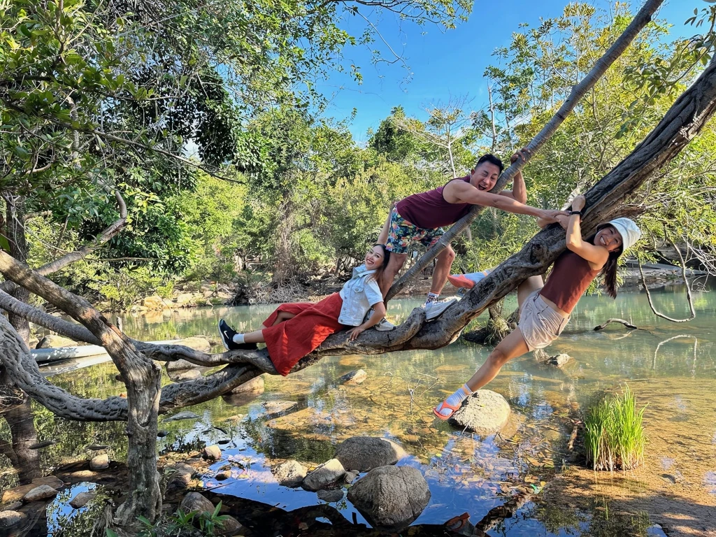 There are two children sitting on a tree branch eating ice cream, sitting on a tree, on a tree, on a tree, sitting in a tree, swing on a tree, sentado em um galho encaracolado, no parque, hanging from a tree, em uma filial, with a tall tree, no parque em um belo dia, em um parque, in trees