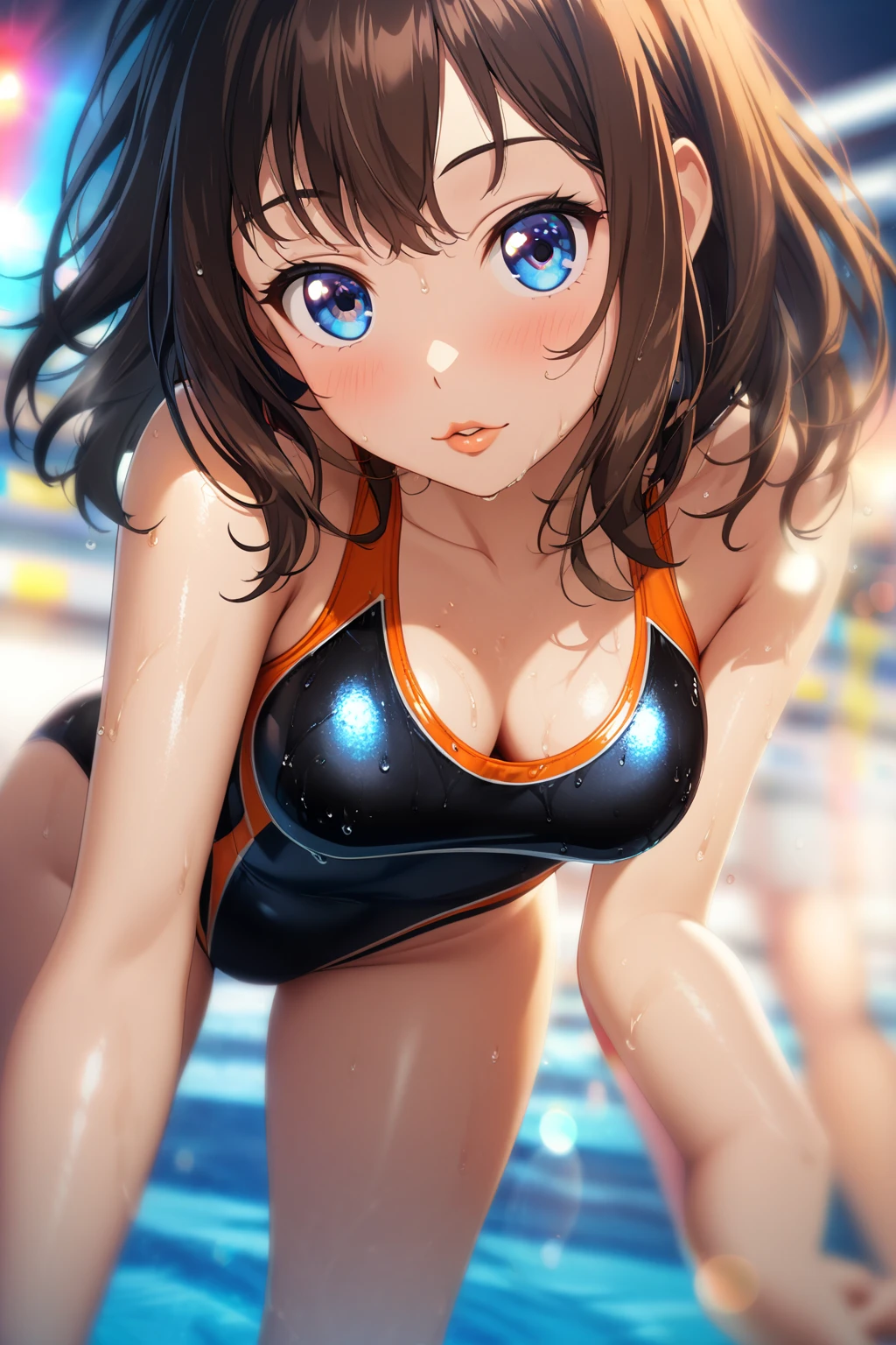 (masterpiece)(8k)(cute)(20-year old woman)(1girl:1.5)(solo:1.8)(water park:1.5)(running water)(from above)(wild hair:1.3)(short hair:1.3)(orange hair)(flat chest:1.4)(small breasts:1.4)(perky nipples:1.3)(translucent bikini:1.2)(wet t-shirt:1.3)(lime green pupils)(oily skin)(glossy lips:1.3)(glossy eye-shadow:1.5)(cameltoe:1.5)(seductive:1.3)(smile:1.5)(mischievous:1.5)(steamy) rossdraws pastel vibrant, rossdraws cartoon vibrant, style anime 8k, beautiful portrait, artgerm colorful!!!, ! dream artgerm, beautiful anime girl, styled digital art, art wallpaper 8k, digital art, extremely detailed artgerm,