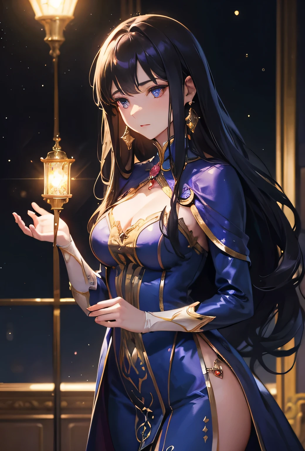 Create an image of Lyra, a member of the Warlock clan and twin sister of Mirella. Lyra should be depicted as a striking and formidable figure with a sense of underlying envy and intensity. She has a sharp, angular appearance that reflects her powerful and mystical nature. Her long, ash brown hair flows elegantly, with its color contrasting against her dark and rich attire. Her eyes are intense and piercing, with a hint of frustration or longing.

Lyra wears a sophisticated and elaborate robe or gown adorned with arcane symbols and intricate designs, emphasizing her magical prowess. The attire should be dark and rich in color, such as midnight blue or deep violet, with subtle glowing accents that reflect her mastery of other forms of magic. Include magical artifacts or accessories that showcase her formidable abilities but omit the time-related motifs that Mirella has.

The setting could be a dimly lit chamber filled with arcane artifacts, ancient tomes, and magical constructs, contrasting with the grandeur of Mirella’s environment. The atmosphere should convey a sense of unresolved tension and envy, with Lyra’s presence hinting at her struggle and desire for the time-controlling powers she lacks. The overall mood should blend her formidable magical prowess with the subtle hints of her envious nature.