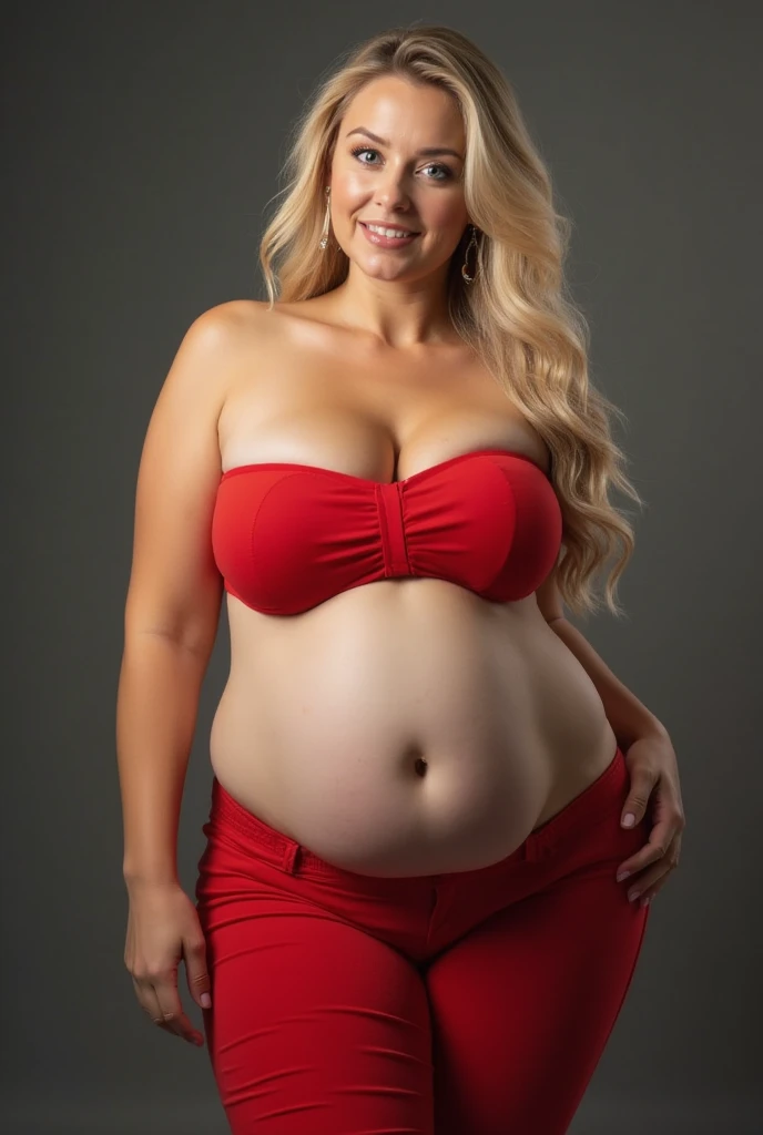 A hot american woman, pretty american woman, long legs, wavy messy blonde hair, (plump body, sagging breasts, braless), ((wearing red bikini)), white stilettos, pushes chest, seductive look, attractive, full body, front view, at professional photo studio, white backdrop background, dynamic light, dynamic angle, perspective, candid, curvy body, plump body, huge big ass, thick body, curvy body type, voluptuous body type, busty body type, thick body type, big chest, big
