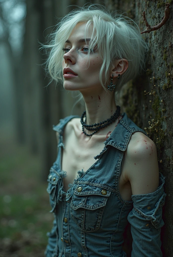 a photograph of a (Highest Quality, 4k, masterpiece, Amazing Details:1.1), kneeling, (forrest), ((((post apocalyptic woman)))), thin eyebrows, wavy short hair with flower hair ornament, ((aquarell:1.2)), (full body), sharp focus