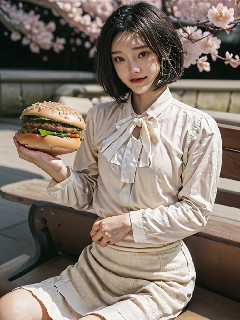 In the sunflower field in midsummer、Girl with a hamburger, super realistic food picture,, eating hamburger, Realistic anime art style, Realistic art style, summer sweater, real life anime girl, Realistic, serving burgers, Realistic young girl, eating hamburger, Photorealistic Girl ,ulzzangs、a smile、huge tit