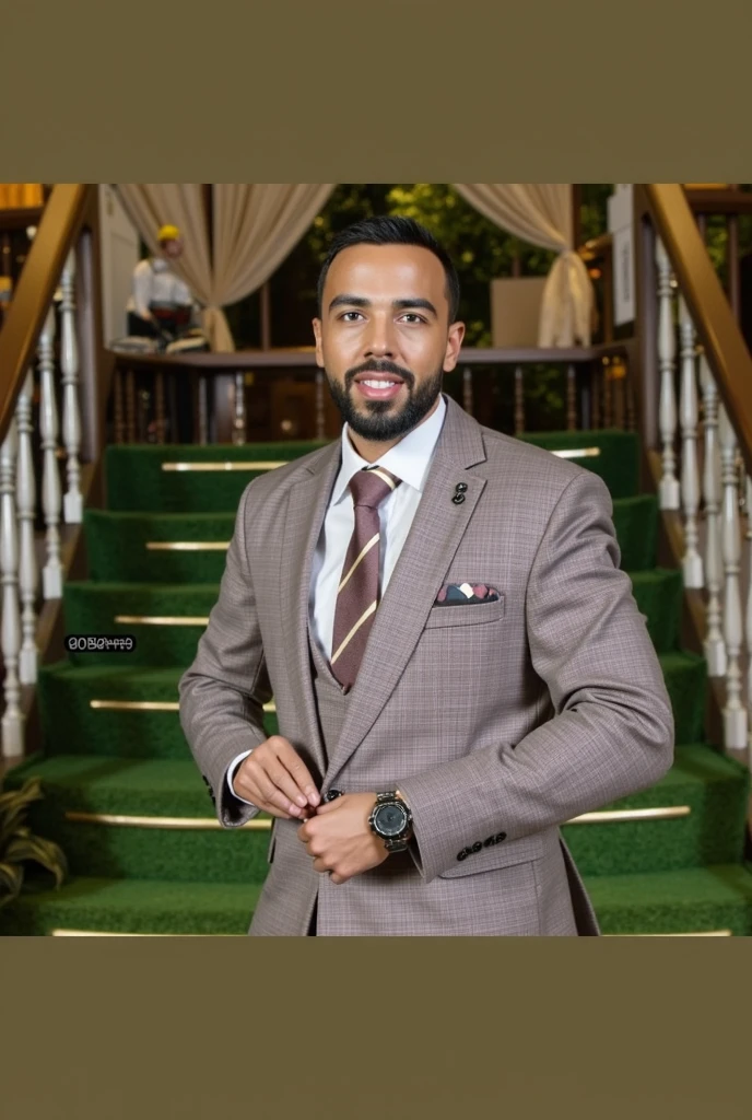 {Subject:} Highly realistic and high resolution portrait of a charismatic and super handsome politician, sitting confidently at his office desk in a narrative position. The Muslim politician wore a black cap on his head. The politician has a strong, chiseled jaw, piercing blue eyes. His broad shoulders stand out under a white suit with orange stripes, giving him a powerful yet approachable impression. He wore a neat shirt and stylish tie that complemented his well-built physique. His posture is relaxed but dignified, with one hand resting on the table. His expression is confident and warm, with a hint of a reassuring smile that conveys confidence and professionalism.