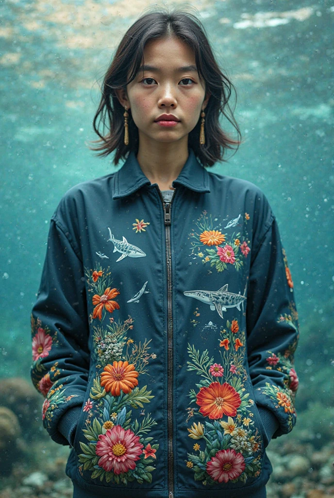 Marine biology jacket, School style , com gola, zipper , com flores ...