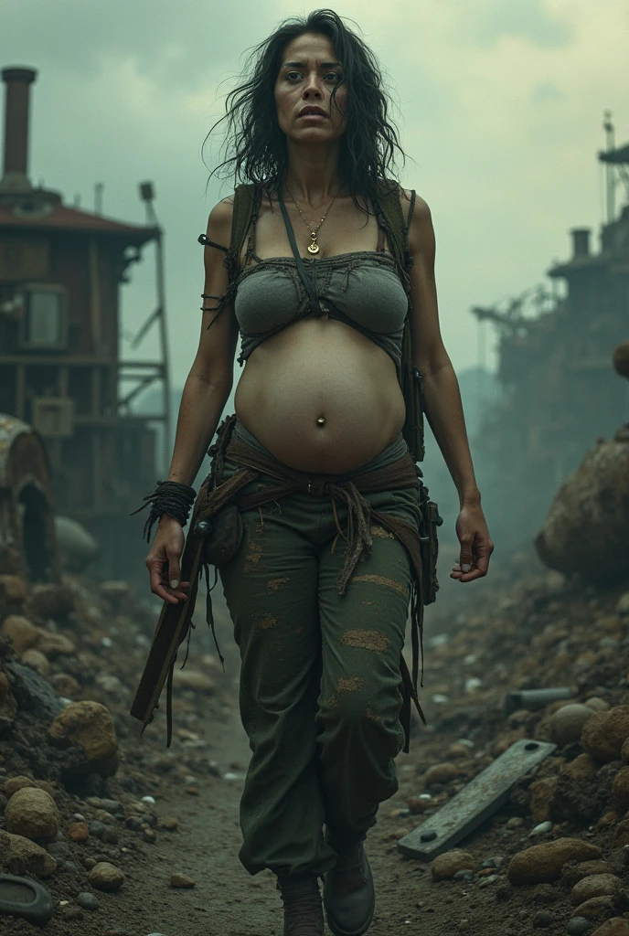 A woman of normal build with brown hair and small breasts is very sweaty and wet, dressed in a light soaked T-shirt and shorts and boots, standing on red-hot lava against the background of an erupting volcano, the sky is in smoke