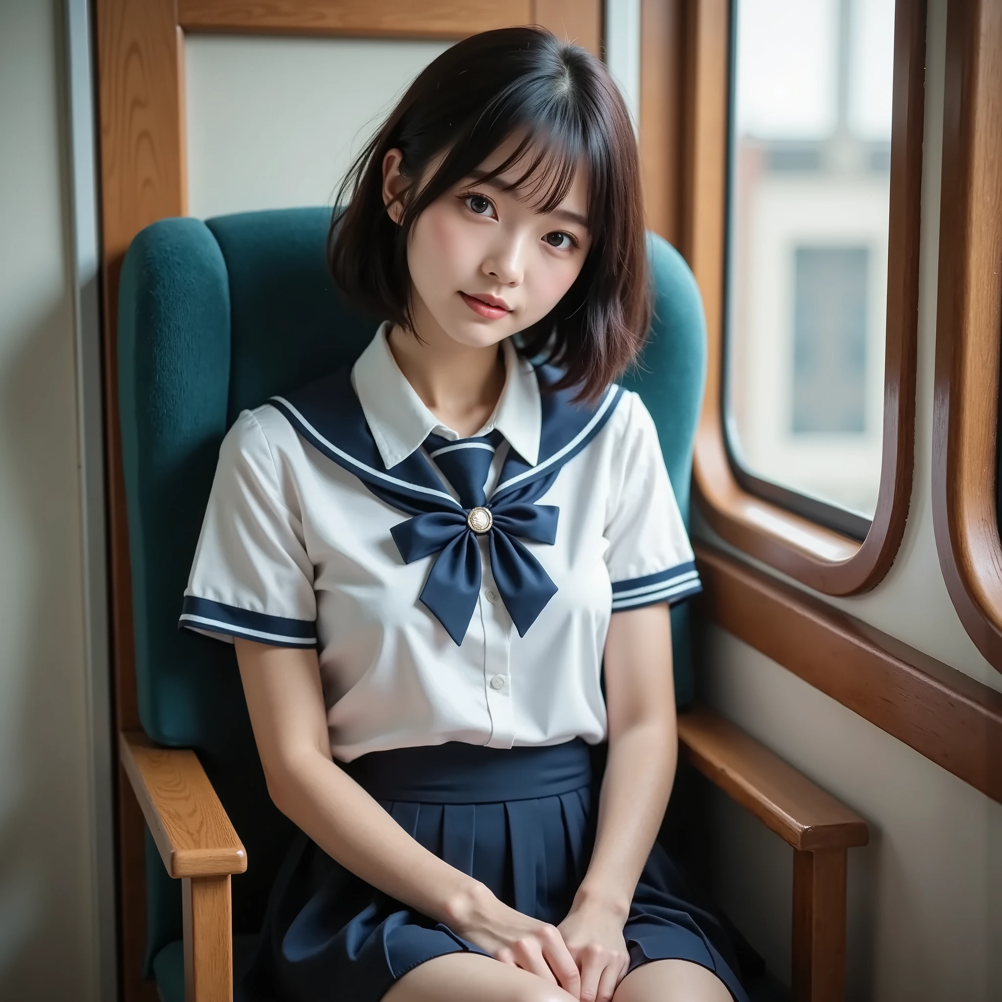8k,Ultra High Resolution , Best Quality, masterpiece,rule of thirds,golden ratio,surreal,pictures, one woman,( girl:1.3),cute,cute顔, Beautiful Eyes in Every Detail , 細かくdetails,mature woman,Princess,Full body,black hair,Short Loose curly hair,ID photo, luxurious and beautiful ,( famous Japanese idol girl),非常にdetailsな, 美しいlikeいアジア人女性の超写実的なデジタルイラスト,fully visible from head to foot in the frame,elegant makeup,she wears a traditional Japanese schoolgirl uniform,wearing a white sailor-colored blouse with perfect clarity, knee-length navy blue pleated skirt,appropriate ribbon tie,like々exudes vibrancy and charm. She's also wearing navy blue knee-high socks and shiny black shoes, complete a classic school uniform,miniskirt,sitting on a train chair, simple yet effective with her outfit They provide contrast、Put her at the center of focus.  The lighting is soft and even , gentle shadows that add depth and realism.  is balanced in the composition , the subject is placed in the center, let you fully enjoy her outfit and look. The image is rendered in stunning 8K resolution, that captures every detail with perfect clarity,(((smile))), very delicate expression ,  delicate eye description,healthy body, ((Female 1)), Height: 160cm ,( thin waist:1.4)、( Beautiful :1.4), pink lips,Profile ,((( ideal figure))),Small A Cup Bust :2, portraits:2、 Perfect Anatomy 、鮮明な details、 details,thin lips,Perfect and beautiful face  ,完璧でcute顔, meticulous skin , perfect limb that wraps around the body,thin waist, surreal,Light and Dark,fashion magazine cover,stage lights