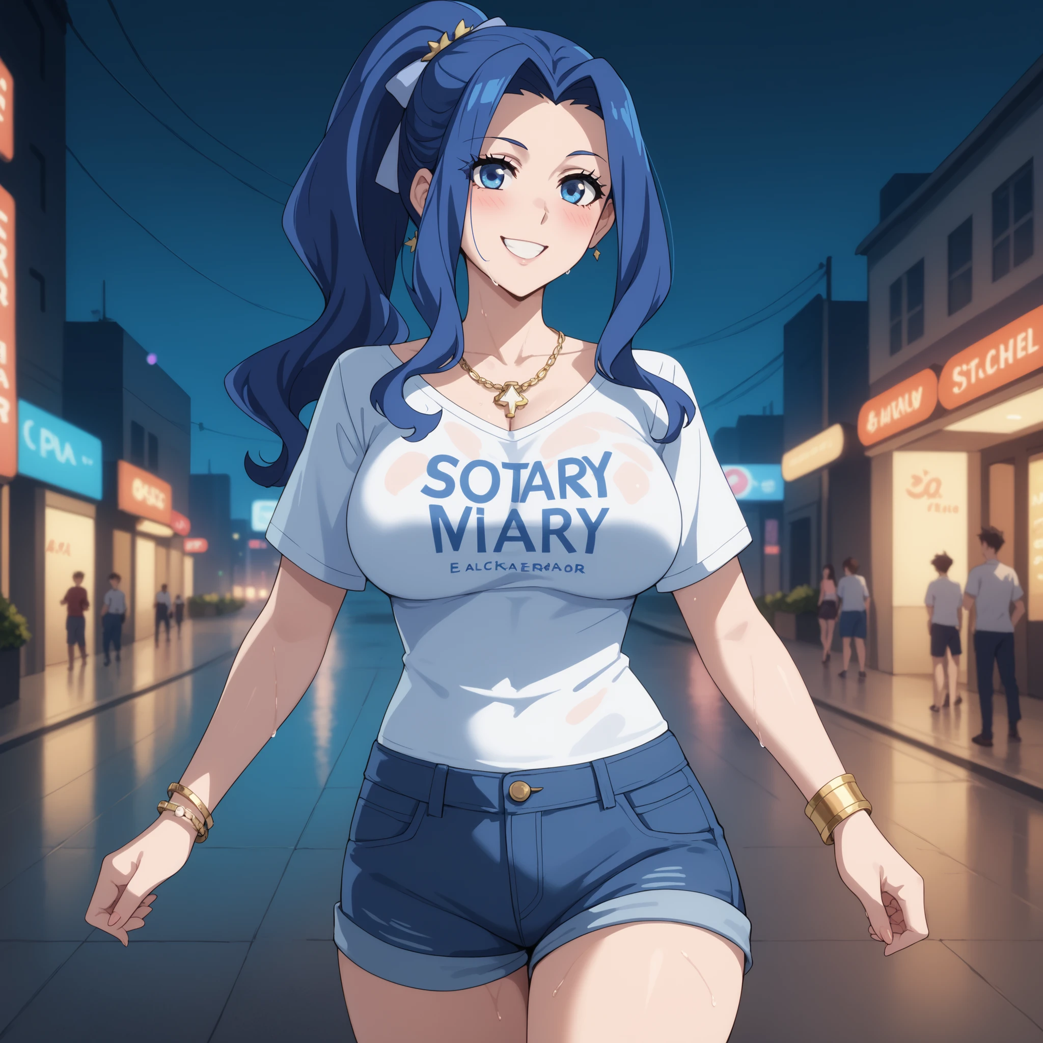 " Melty Q Melromarc , Her blue hair tied in a ponytail, bright blue eyes , Happy open-mouthed smile. blush, curvaceous and slender figure , big breasts y bien proporcionados. wearing a short black t-shirt with low-cut electronic design and denim shorts. Her skin shines with drops of water , giving a moist and realistic effect . She wears elegant accessories , such as golden bracelets and a delicate necklace . Walk gracefully through a cyberpunk city at night in the background. warm and soft lighting, highlighting the reflections in her skin and hair. anime style, ultra detailed, high quality art , 4k, soft shadows and vibrant light effects."( big breasts) is walking. of foot. wet body.