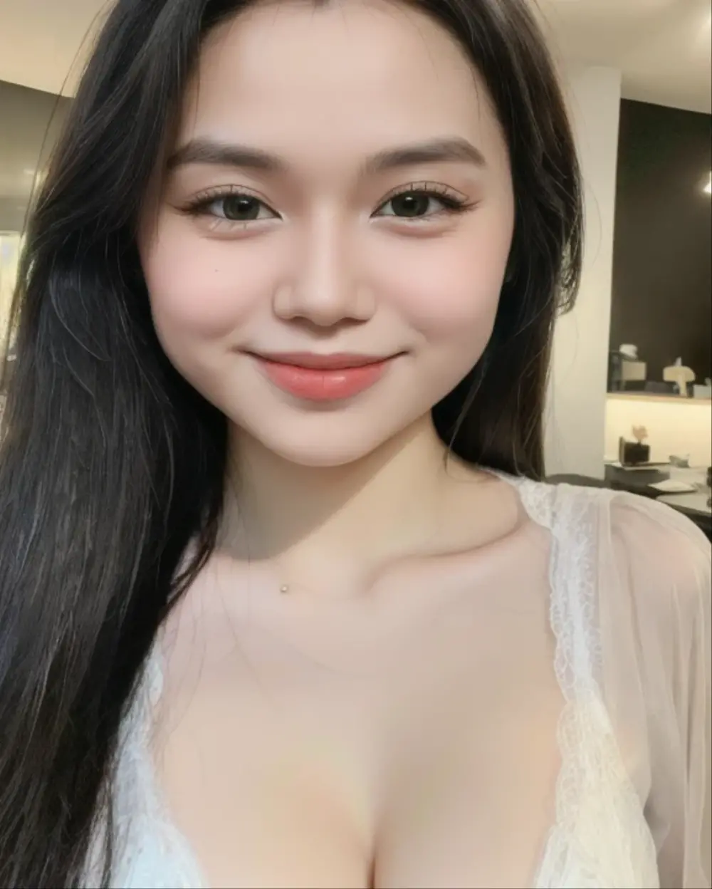 (realistic、masterpiece、Best Quality、8K、highres、high resolution:1.3)、1 girl、smile, Huge breasts、white bikini、pale white skin、looking at viewers、super fine face and eyes、long hair、indoor、 upper body、