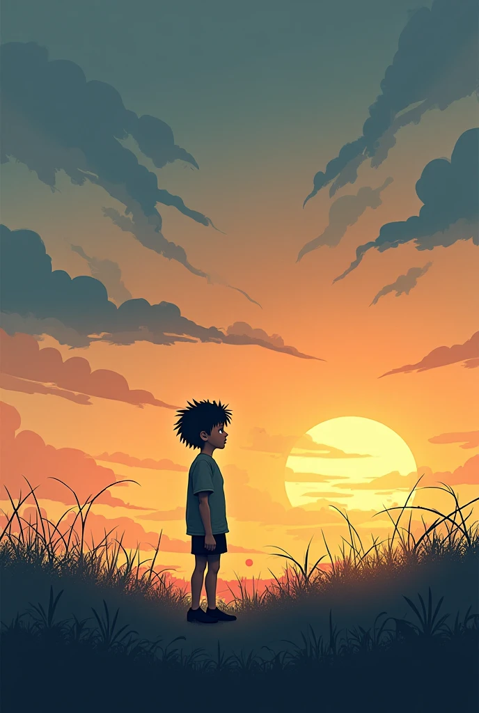 Alone boy standing infront of the sun set with curly hairs waiting for it to rise again 