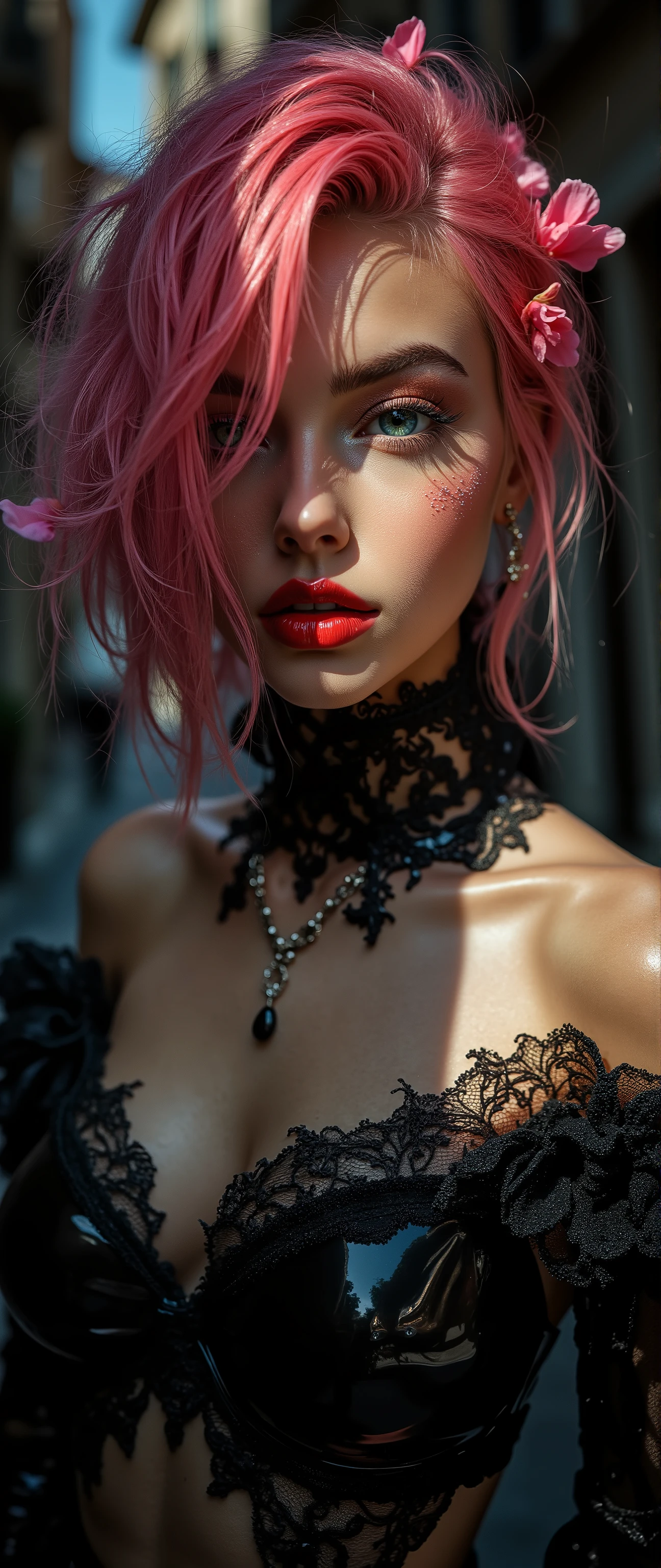 realistisch,(photorealistic realism),((high resolution)),((intricately detailede digitale Kunst)),(best quality),(realistic texture details: Perfekte Haut, glatte Haut),(professional photography)、((a beautiful slim thin girl )), ( close-up eyes :1.25),(( sharp focus absurd quality , realistic bright green _Augen:1.8), wear an off-the-shoulder top , full body lesbian,(Dark shot),(((intricately detailed (PVC-coated :1.2), restrained BDSM costume , revealing clear PVC costume:1.4))), ( kurzes Haar, bright Rosa hair, curls at hair ends , hair over one eye,(kurz, side-combed )), ( black long boots ) road, European old Italian buildings,(pink rose petals in her hair),(leuchtend, mesmerizing , Vibrant eyes :1.1), (perfect darkness_Augenhadows:1.4), Detailed lips:1.3, ( shiny red apply _Lippenstift:1.3), (Rosa_Make-up:1.28), ((glittery Rosa to gold Make-up, (perfect proportions:1.2),(small head),(Anatomically correct), perfect female body, firm and full breasts, (Super beautiful), (Lively and colorful), Love for detail, focus of the girl, dynamic pose, sexy and seductive, seductive smile, SLR camera, high-quality split lighting , Sharp focus shot with Fujifilm XT3, f 5.6, in dramatic lighting , (perfect composition),