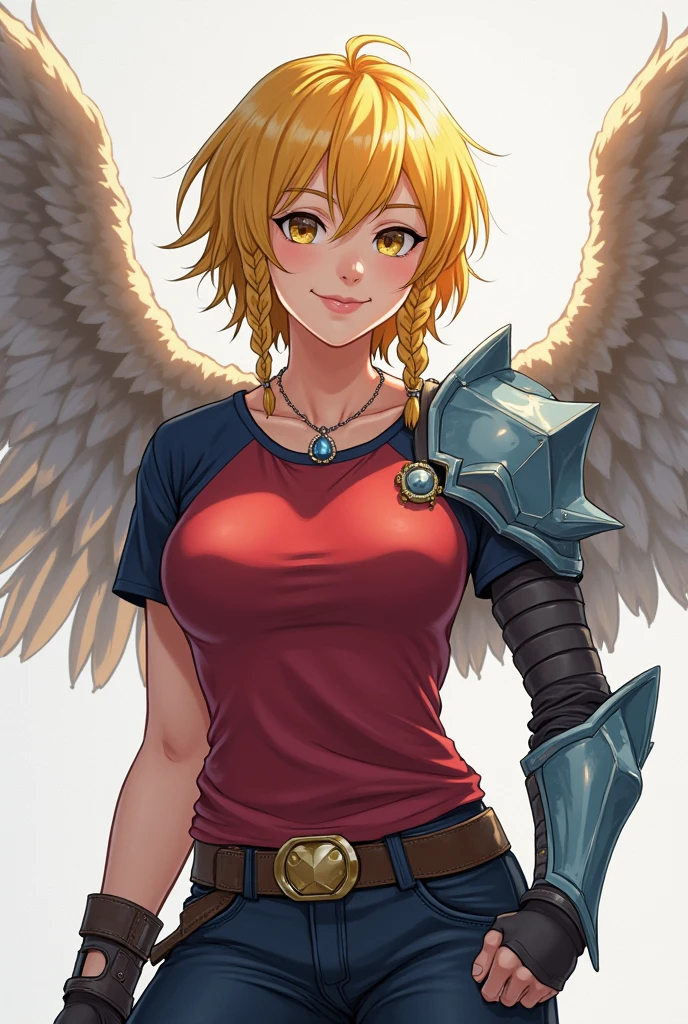 masterpiece, best quality, highres, aanina, blonde hair, short hair, floating hair, hairband, green eyes, feathered wings, white wings, armor, red leotard, red shirt, belt, elbow gloves, white gloves, bandages, thighhighs, <lora:nina_bof1_v1:0.8>, cowboy shot, standing, outdoors, arms at sides, smile