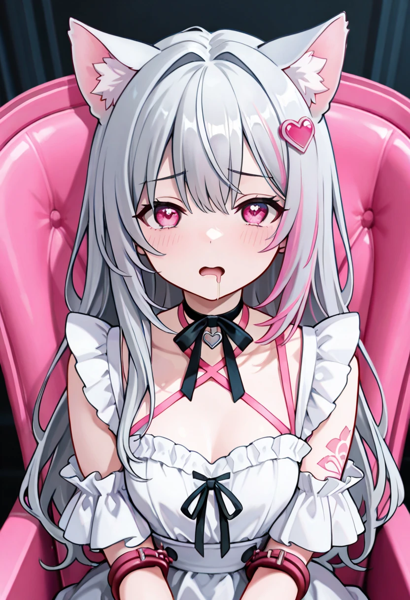 Skinny girl, white skin, white hair, red eyes, fetish costume, white color, pink color, latex, vinyl, corsets, harnesses, cute., best quality, highres, 4K, anatomically correct