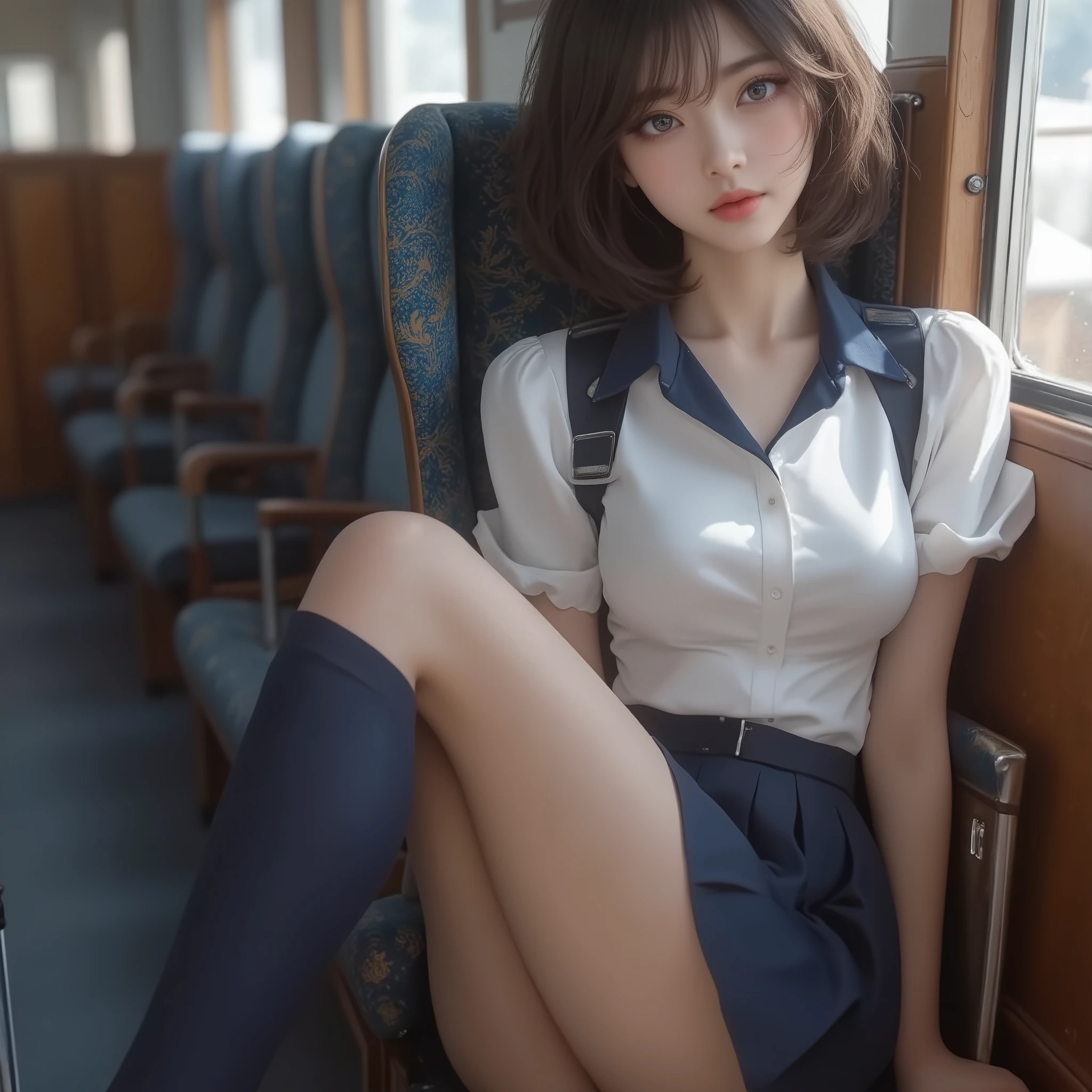 Highest quality、masterpiece、High sensitivity、High resolution、Detailed Description、Slender women、Glasses、Summer clothes、Sit down、Cross your legs、