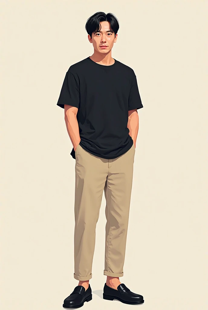 black collarless shirt、beige cotton pants
black slip-ons、
Height 175 cm, weight 73 kg, 42 years old
Split the center of black hair、Face similar to Hyun Bin
Draw in comic style with this image
