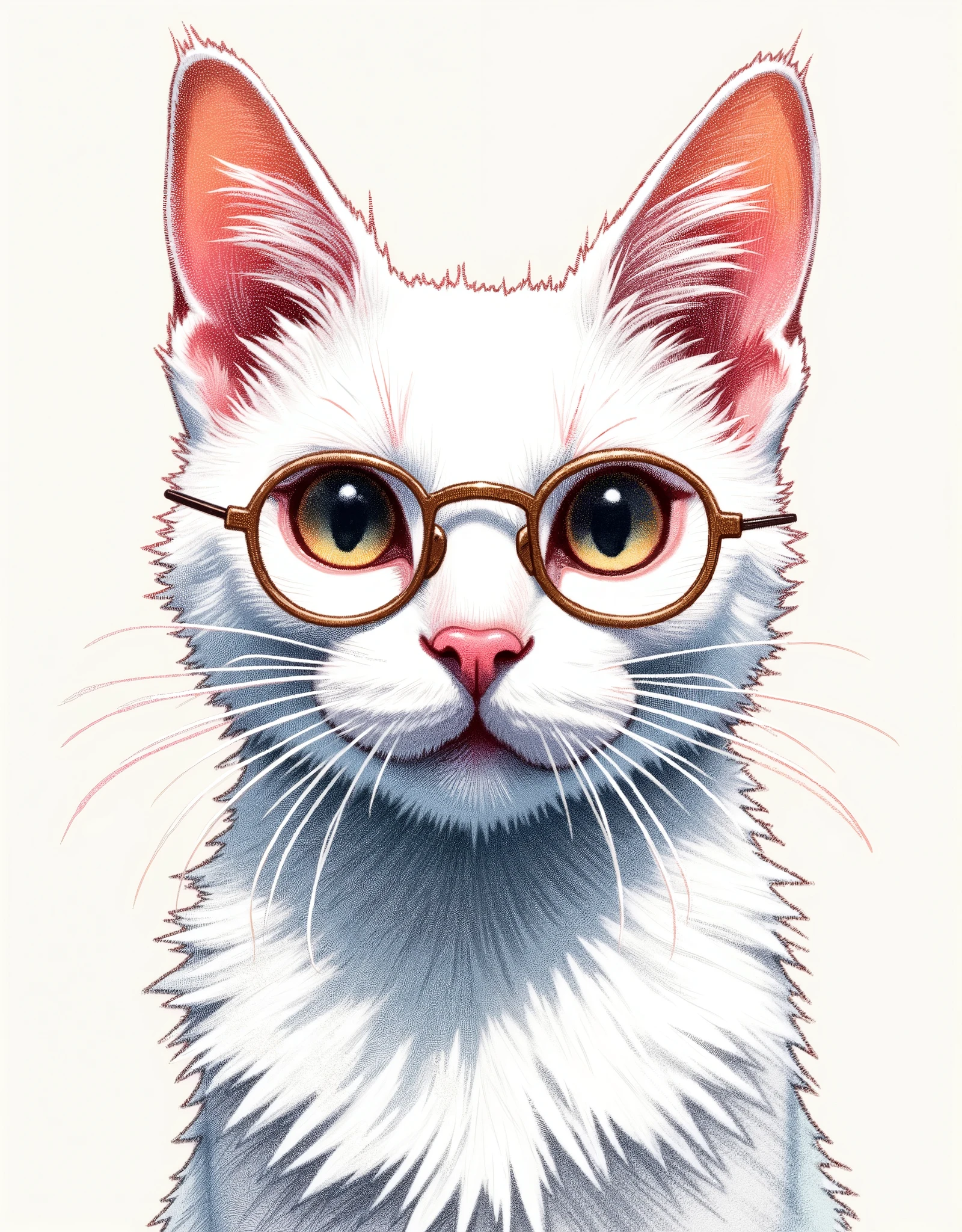 Create a fusion-style artwork blending watercolor and acrylic techniques, depicting a white Angora cat with a blank, humorous expression. The cat wears small round glasses, giving it a quirky, intellectual charm. Focus on sleek fur rather than fluffiness, and render the piece in a bold pop art style, featuring vibrant colors, graphic shapes, and expressive brushwork. The composition should highlight the cat’s minimalist elegance and offbeat personality through a playful, high-contrast visual style.