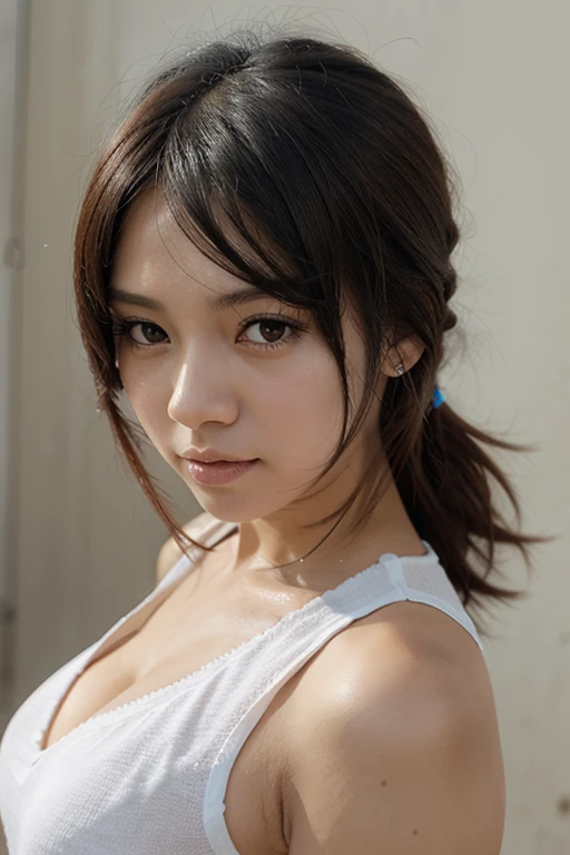 highest quality, face focus, soft light, ultra high resolution, (realistic:1.4), RAW photo, 1 japanese girl, alone, cute, (pupil, light in the eyes), detailed beautiful face, (),(High resolution details of human skin texture), (long hair), indoor, tennis wear, (portrait)