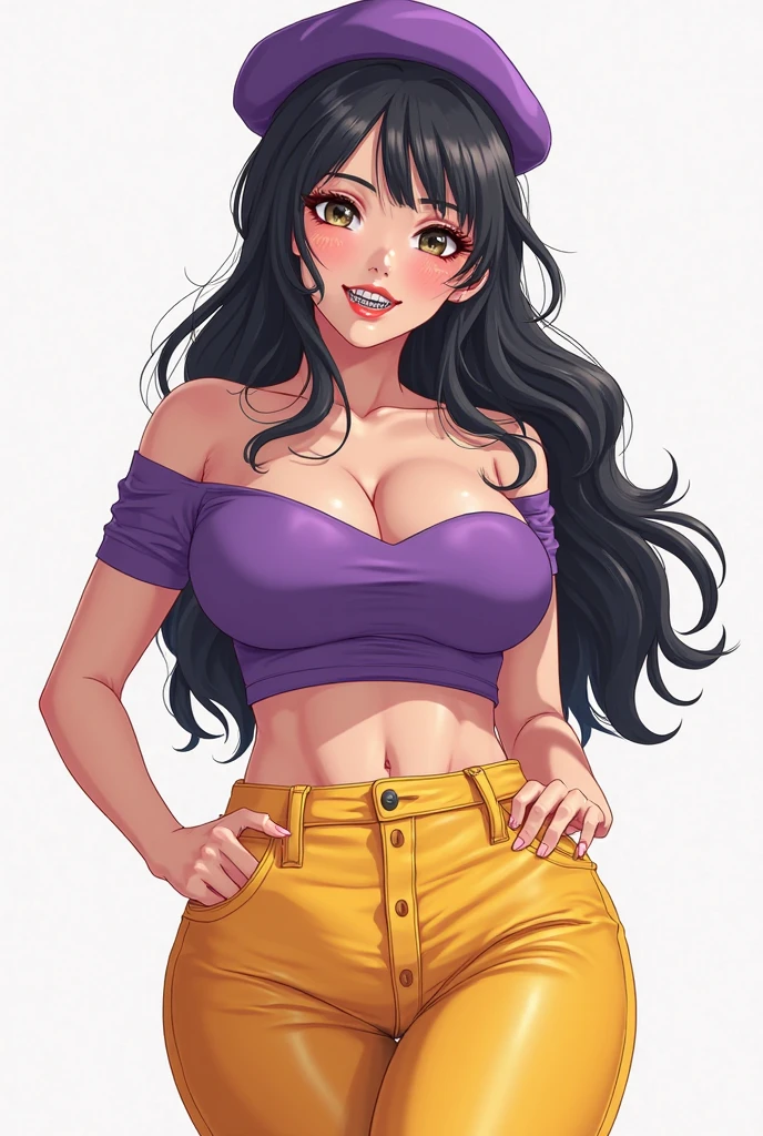 an animated cartoon drawing that has a woman with casual clouthing ahegao face, 1girl, breasts, casual clouth, solo, ahegao, large breasts, looking at viewer, long hair, cleavage
