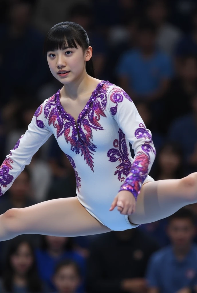 ((highest quality)), ((masterpiece)), (detailed), (Tabletop:1.0), (highest quality:1.4), (High resolution:1.2), (Realistic:1.4),8k, RAW Photos:1.2,All Focus:1.2,(Gymnastics Venue:1.3),((Cowboy shot from the front:1.3)),((Central composition:1.3)),(A Japanese female rhythmic gymnast:1.2), Beautiful symmetrical single eyelids:1.2,A 24-year-old simple and beautiful idol face with full Ulzzang makeup:1.2,Thin and slightly thin eyebrows,Spotlight:1.2, (Bun hairstyle with bangs:1.2),(Beautiful white and highly detailed skin:1.2),(((Very small breasts:1.8))), (A well-trained, muscle and slender body:1.65),(Short torso:1.3),(Broad shoulders:1.3),(Narrow waist:1.4),(Small Ass:1.2),(Groin and hip bones visible:1.3), (a very Muscular, slender limbs and very thin thighs:1.35),(((Super tight Thin Lycra Multicolor metallic rhythmic gymnast leotard:1.2))),(Toned and toned abdomen:1.2),(((spread legs with squatting pose:1.2,armpits:1.3)))