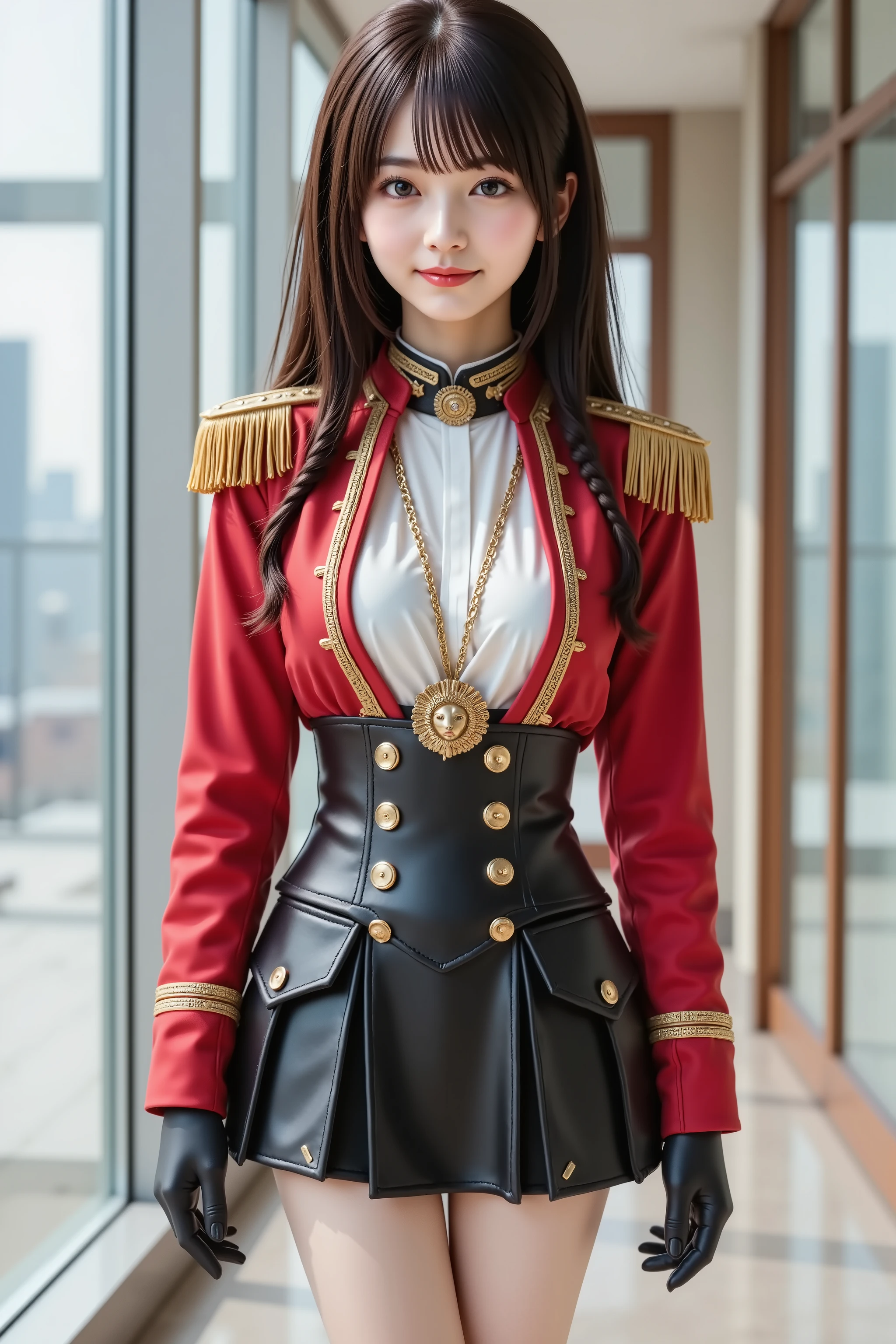 Create a highly detailed and realistic character design concept illustration of a female Caledonian military officer in service dress uniform. The uniform should be dark navy with red accents, reflecting a sophisticated and authoritative appearance. The officer should be depicted with a formal, structured uniform that includes a peaked cap, decorated with military insignia and medals, and a short pencil skirt instead of trousers. The design should emphasize a sense of discipline and prestige, with clean lines and attention to detail. The background should be white and clear to focus on the character design.
