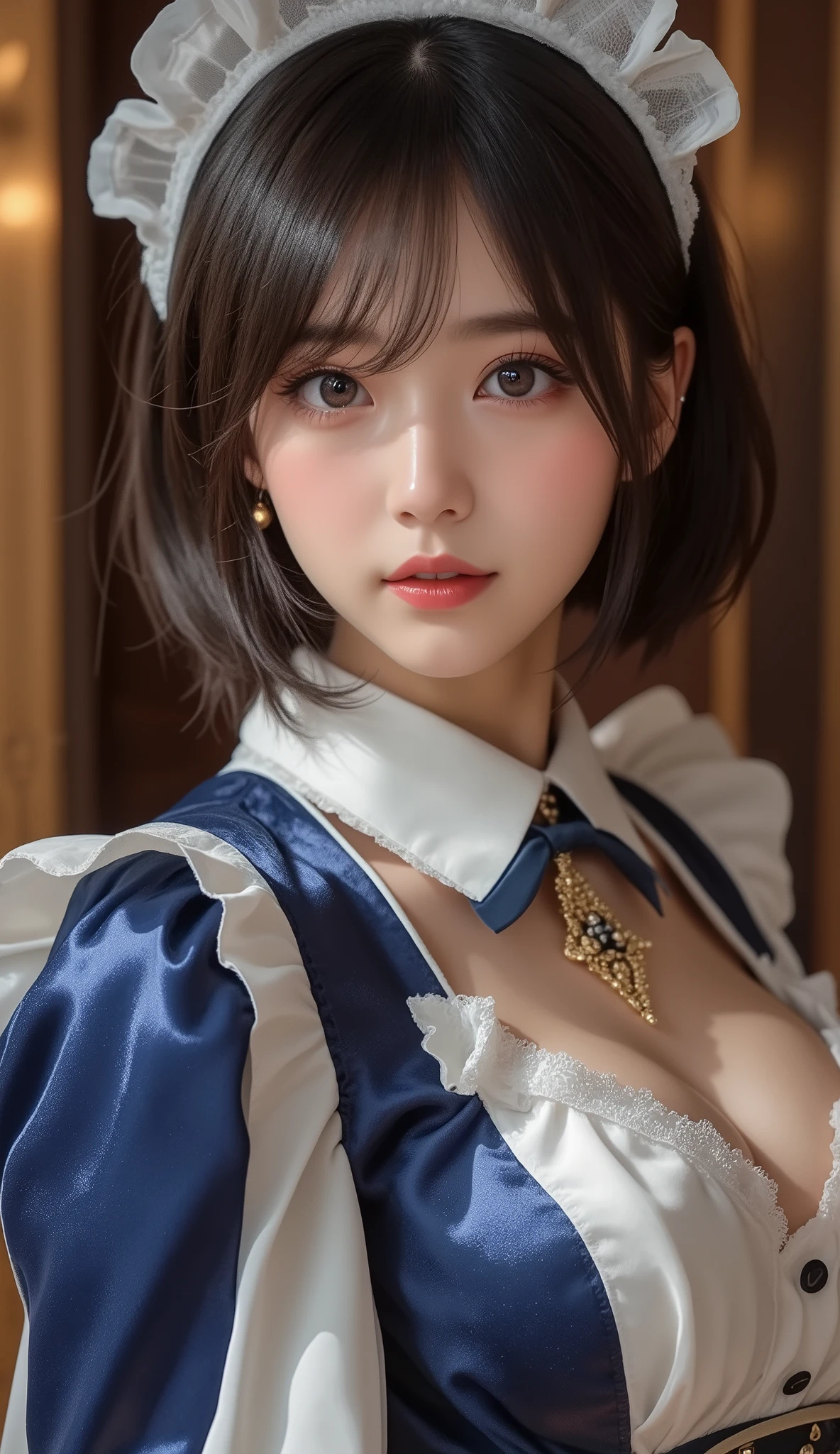 8k,Ultra High Resolution , Best Quality, masterpiece,rule of thirds,golden ratio,surreal,pictures, one woman,( girl:1.3),cute,cute顔, Beautiful Eyes in Every Detail , 細かくdetails,mature woman,Princess,Full body,black hair,Short Bob,ID photo, luxurious and beautiful ,( famous Japanese idol girl),Booties,(((detailed blue and white Edwardian maid outfit 10.0)))(((luxury Edwardian maid costume)))(((girl in a blue and Edwardian maid costume))),(((smile with raised corners of mouth))),((((Dynamic Dressed Nipple Massage 5.0))),(((dress up in a charming chest 5.0))),((( dynamic pose)))(((smile with raised corners of mouth))), very delicate expression , delicate eye description,healthy body, ((Female 1)), Height: 160cm ,( thin waist:1.4)、( Beautiful :1.4), pink lips,Profile ,((( ideal figure))),Small A Cup Bust :2, portraits:2、 Perfect Anatomy 、鮮明な details、 details,thin lips,Perfect and beautiful face ,完璧でcute顔, meticulous skin , perfect limb that wraps around the body,thin waist, surreal,Light and Dark,fashion magazine cover,stage lights