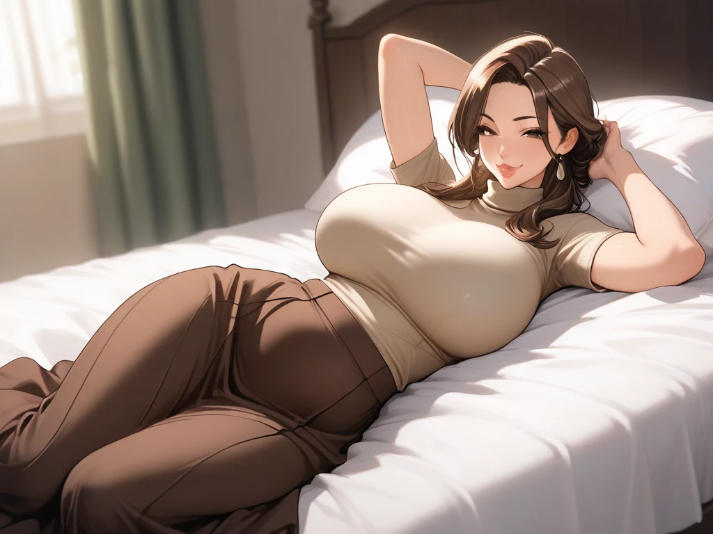 Masterpiece, high detail, best quality, semirealistis, ray trecing, 1girl, mature female, milf, housewaife, naughty face, brown eyes, thick lips, detail face, brown hair, chignon hair, detail hair, huge breast, tall body, long body, detail body, detail skin, Sexy light brown short sleeve turtleneck, brown long skirt, clothing detail, lying on the bed, background detail, very hd, aesthetic