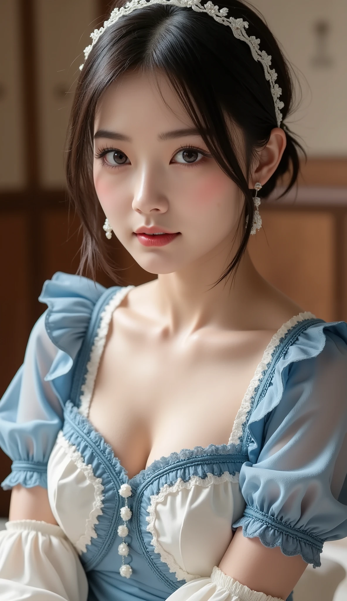 (((((Over Head Shot、Lie on your own back 、bird’s-eye view)))))、poneyTail、masutepiece, Best Quality, One girl, (a beauty girl, kawaii:1.3), (17-year-old beautiful girl high school student:1.3), Very fine eye definition, (Symmetrical eyes:1.3), NSFW, (inside in room:1.2), (Beautiful nipple:1.3), small tits、 Brown eyes, Parted bangs, Brown hair, (​masterpiece、top-quality)、depth of fields、1girl in、finely detail、high detailing、High quality shadows、beautiful detail、(bokeh dof:1.5)、Photo by Canon EOS、SIGMA Art Lens 35mm F1.4、ISO 200 Shutter Speed 2000、
独奏,(((inside in room)))、((naked transparent silk dress)),Red knitted dress、poneyTail、((all-fours)), bblurry, (High Detail Skin, Skin Details),  Medium Hair , cparted lips,  brown haired、wetted skin、((fullnude))、Face with a grin、((Light blue lace stockings and choker))、The most beautiful girl in Japan
