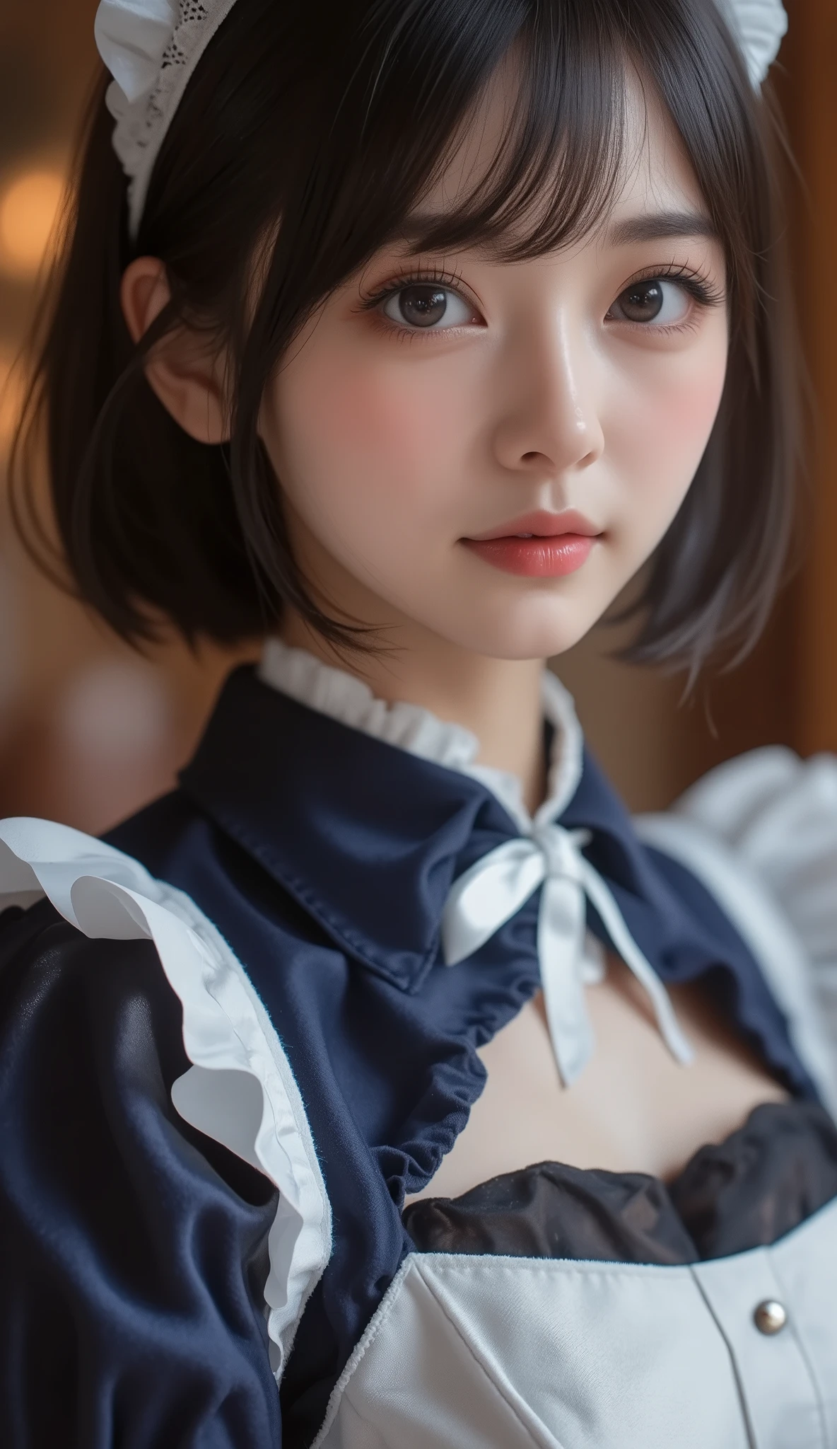8k,Ultra High Resolution , Best Quality, masterpiece,rule of thirds,golden ratio,surreal,pictures, one woman,( girl:1.3),cute,cute顔, Beautiful Eyes in Every Detail , 細かくdetails,mature woman,Princess,Full body,black hair,Short Bob,ID photo, luxurious and beautiful ,( famous Japanese idol girl),Booties,(((detailed blue and white Edwardian maid outfit 10.0)))(((luxury Edwardian maid costume)))(((girl in a blue and Edwardian maid costume))),(((smile with raised corners of mouth))),((((Dynamic Dressed Nipple Massage 5.0))),(((dress up in a charming chest 5.0))),((( dynamic pose)))(((smile with raised corners of mouth))), very delicate expression , delicate eye description,healthy body, ((Female 1)), Height: 160cm ,( thin waist:1.4)、( Beautiful :1.4), pink lips,Profile ,((( ideal figure))),Small A Cup Bust :2, portraits:2、 Perfect Anatomy 、鮮明な details、 details,thin lips,Perfect and beautiful face ,完璧でcute顔, meticulous skin , perfect limb that wraps around the body,thin waist, surreal,Light and Dark,fashion magazine cover,stage lights