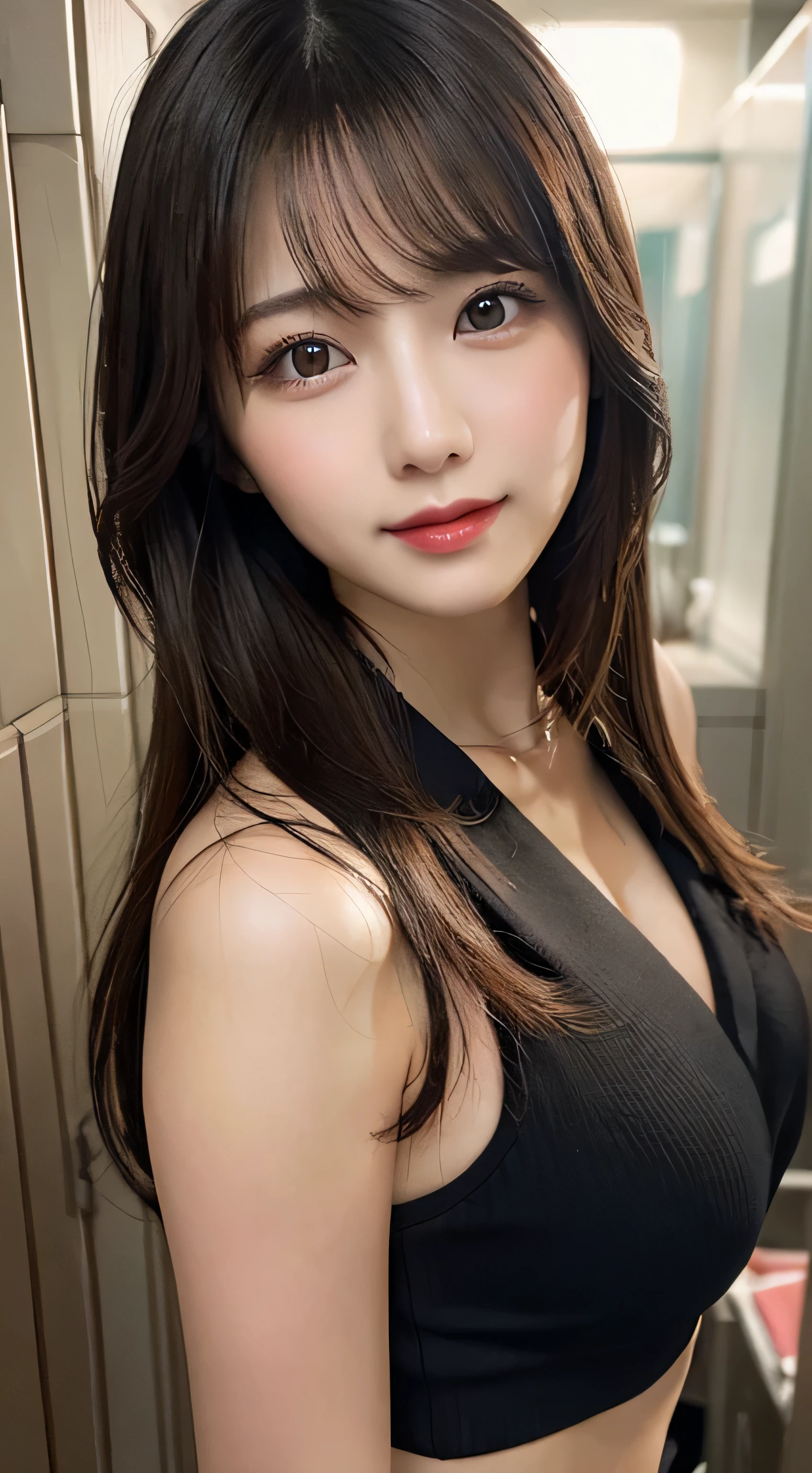 Tabletop, Highest quality, Realistic, Very detailed, finely, High resolution, 8k wallpaper, One beautiful woman,, Light brown messy hair, Wear a business suit, Sharp focus, Perfect dynamic composition, Beautiful and detailed, Thin Hair, Detailed Realistic skin texture, smile, Close-up portrait, Model body type