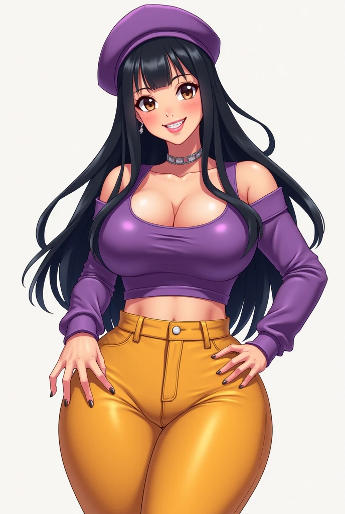 Akeno Himejima, 1girl, (((bimbo))), purple hair, purple eyes, ear rings, (((bimbo))), puffy lips, painted lips, thick lips, smile face, wide hips, thick thighs, huge round ass, huge natural Hitomi Tanaka breasts, blue jeans, leather jacket,