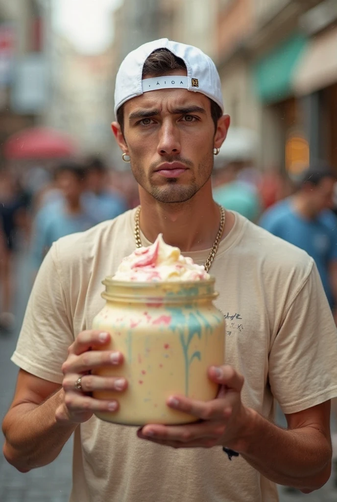 "FERRERO ROCHER MILKSHAKE" holded by a man wearing black glove hand in a green beautiful yard with sunset, a picture like reddit amateur ones, taken by phone, really good camera like real with high detail, juicy and mouth watering that can go viral