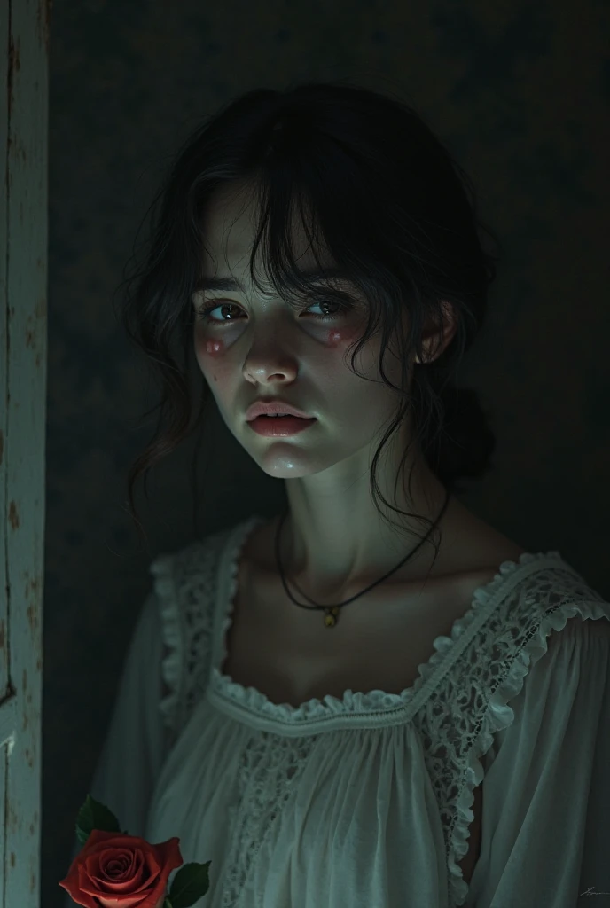 A bride crying for her lost husband, look in terror, macabre dinner, dark evening, image voltage, cinematic lighting 