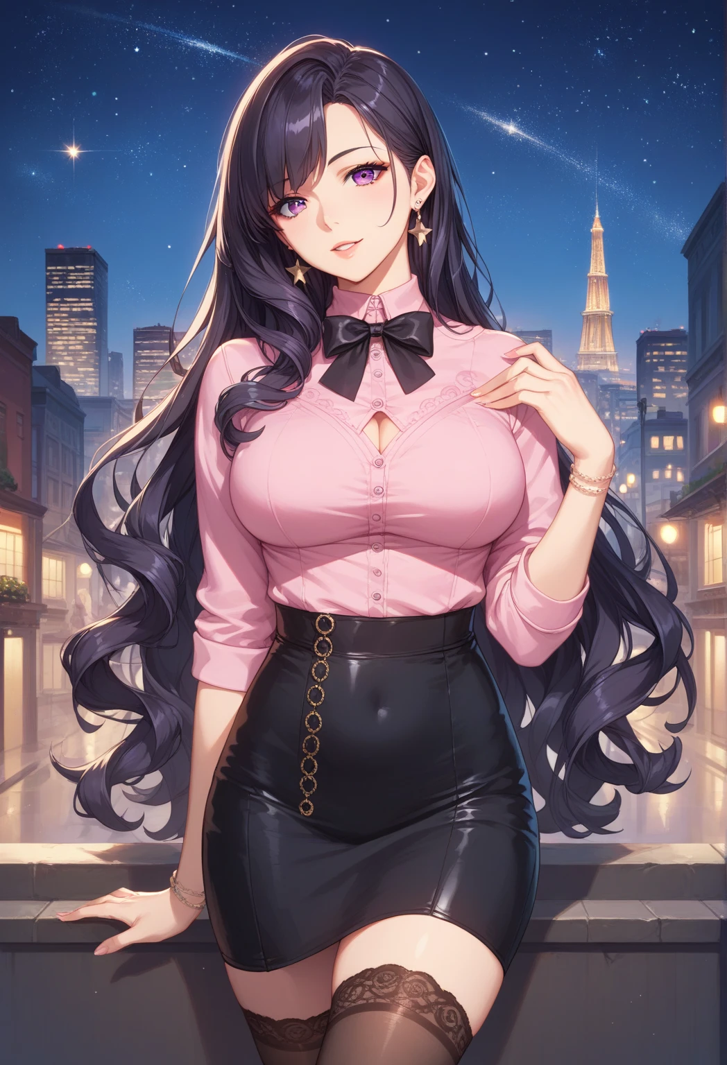 Bewitching anime girl in blue suit and tight skirt、Black tights,Inviting look、black top and brown hair,,Ecchi anime style, bending forward,Kamimei,Red Light District at Night,neons