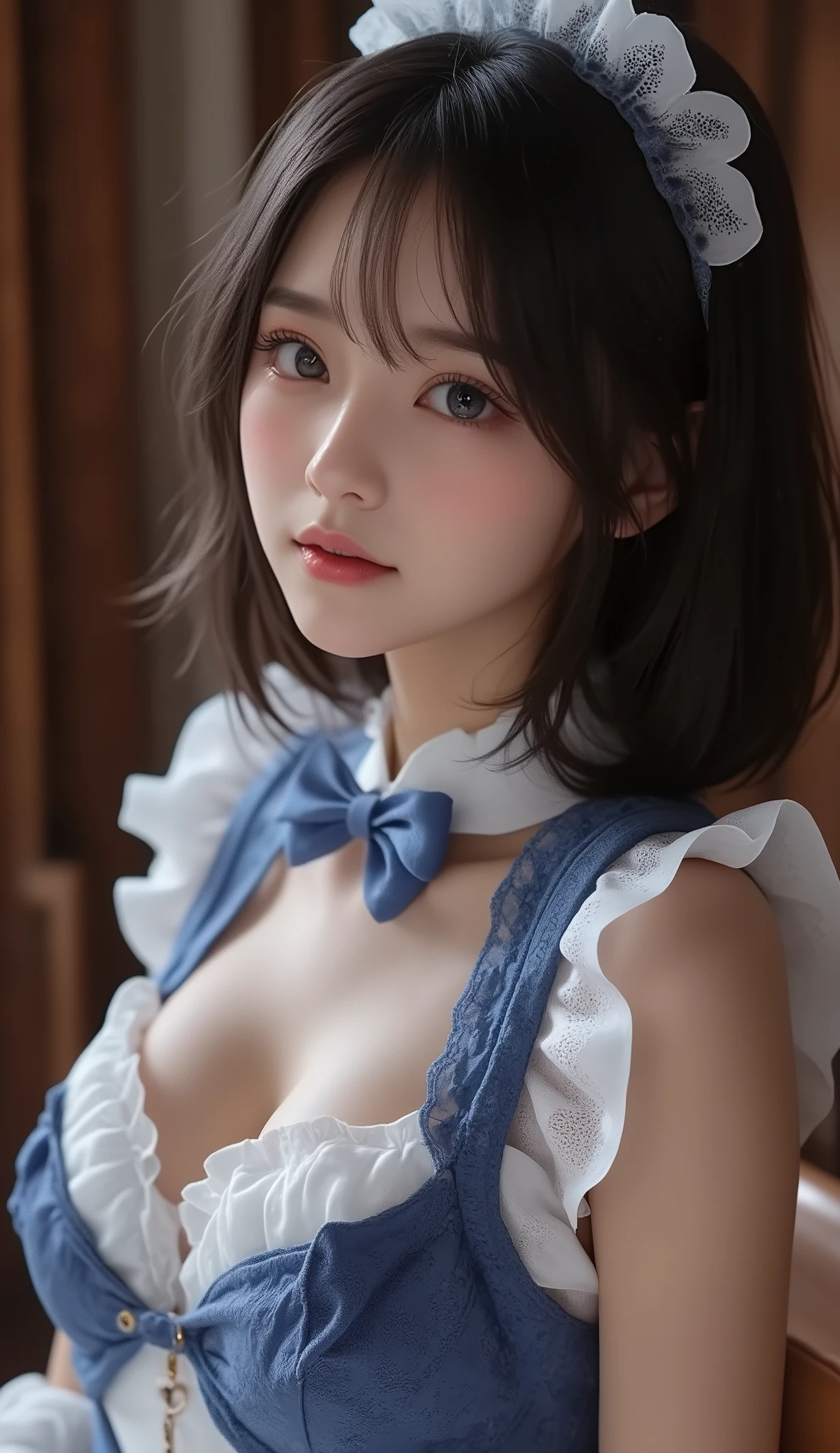 8k,Ultra High Resolution , Best Quality, masterpiece,rule of thirds,golden ratio,surreal,pictures, one woman,( girl:1.3),cute,cute顔, Beautiful Eyes in Every Detail , 細かくdetails,mature woman,Princess,Full body,black hair,Short Bob,ID photo, luxurious and beautiful ,( famous Japanese idol girl),Booties,(((detailed blue and white Edwardian maid outfit 10.0)))(((luxury Edwardian maid costume)))(((girl in a blue and Edwardian maid costume))),(((smile with raised corners of mouth))),((((Dynamic Dressed Nipple Massage 5.0))),(((dress up in a charming chest 5.0))),((( dynamic pose)))(((smile with raised corners of mouth))), very delicate expression , delicate eye description,healthy body, ((Female 1)), Height: 160cm ,( thin waist:1.4)、( Beautiful :1.4), pink lips,Profile ,((( ideal figure))),Small A Cup Bust :2, portraits:2、 Perfect Anatomy 、鮮明な details、 details,thin lips,Perfect and beautiful face ,完璧でcute顔, meticulous skin , perfect limb that wraps around the body,thin waist, surreal,Light and Dark,fashion magazine cover,stage lights