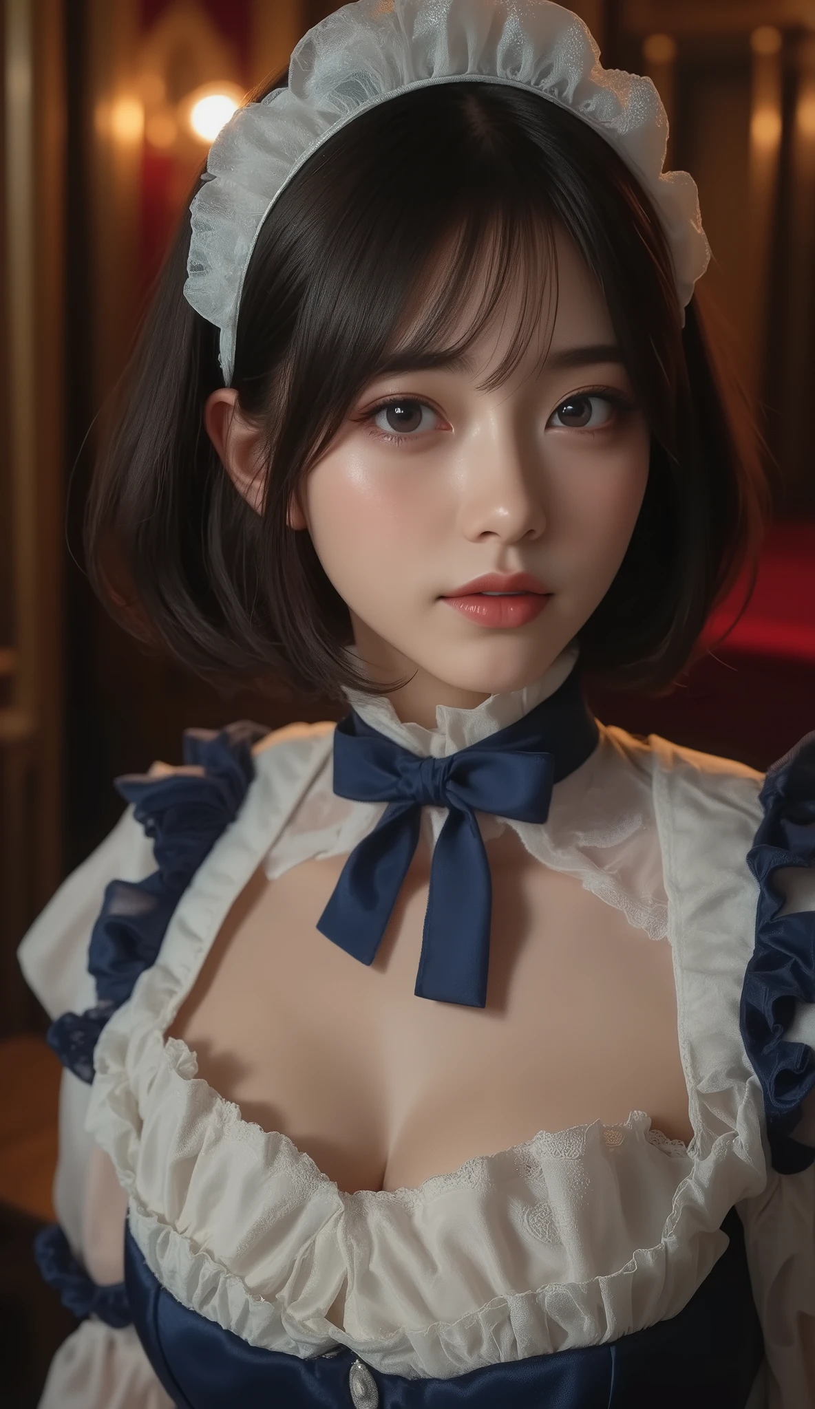 8k,Ultra High Resolution , Best Quality, masterpiece,rule of thirds,golden ratio,surreal,pictures, one woman,( girl:1.3),cute,cute顔, Beautiful Eyes in Every Detail , 細かくdetails,mature woman,Princess,Full body,black hair,Short Bob,ID photo, luxurious and beautiful ,( famous Japanese idol girl),Booties,(((detailed blue and white Edwardian maid outfit 10.0)))(((luxury Edwardian maid costume)))(((girl in a blue and Edwardian maid costume))),(((smile with raised corners of mouth))),((((Dynamic Dressed Nipple Massage 5.0))),(((dress up in a charming chest 5.0))),((( dynamic pose)))(((smile with raised corners of mouth))), very delicate expression , delicate eye description,healthy body, ((Female 1)), Height: 160cm ,( thin waist:1.4)、( Beautiful :1.4), pink lips,Profile ,((( ideal figure))),Small A Cup Bust :2, portraits:2、 Perfect Anatomy 、鮮明な details、 details,thin lips,Perfect and beautiful face ,完璧でcute顔, meticulous skin , perfect limb that wraps around the body,thin waist, surreal,Light and Dark,fashion magazine cover,stage lights