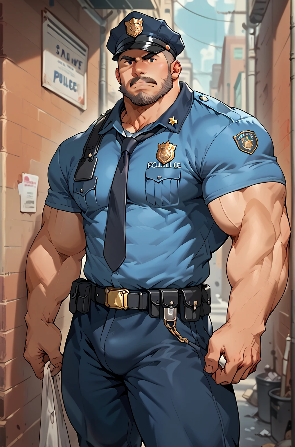 age 60, white man police detective with a mature, kind demeanor, strong and muscular yet chubby build, mustache, wearing dress pants and a buttoned-open translucent shirt that reveals a hairy chest and a noticeable bulge, wearing detective badge on belt, giving off a hint of a horny yet disgusting aura, completing the look with comfortable loafers.