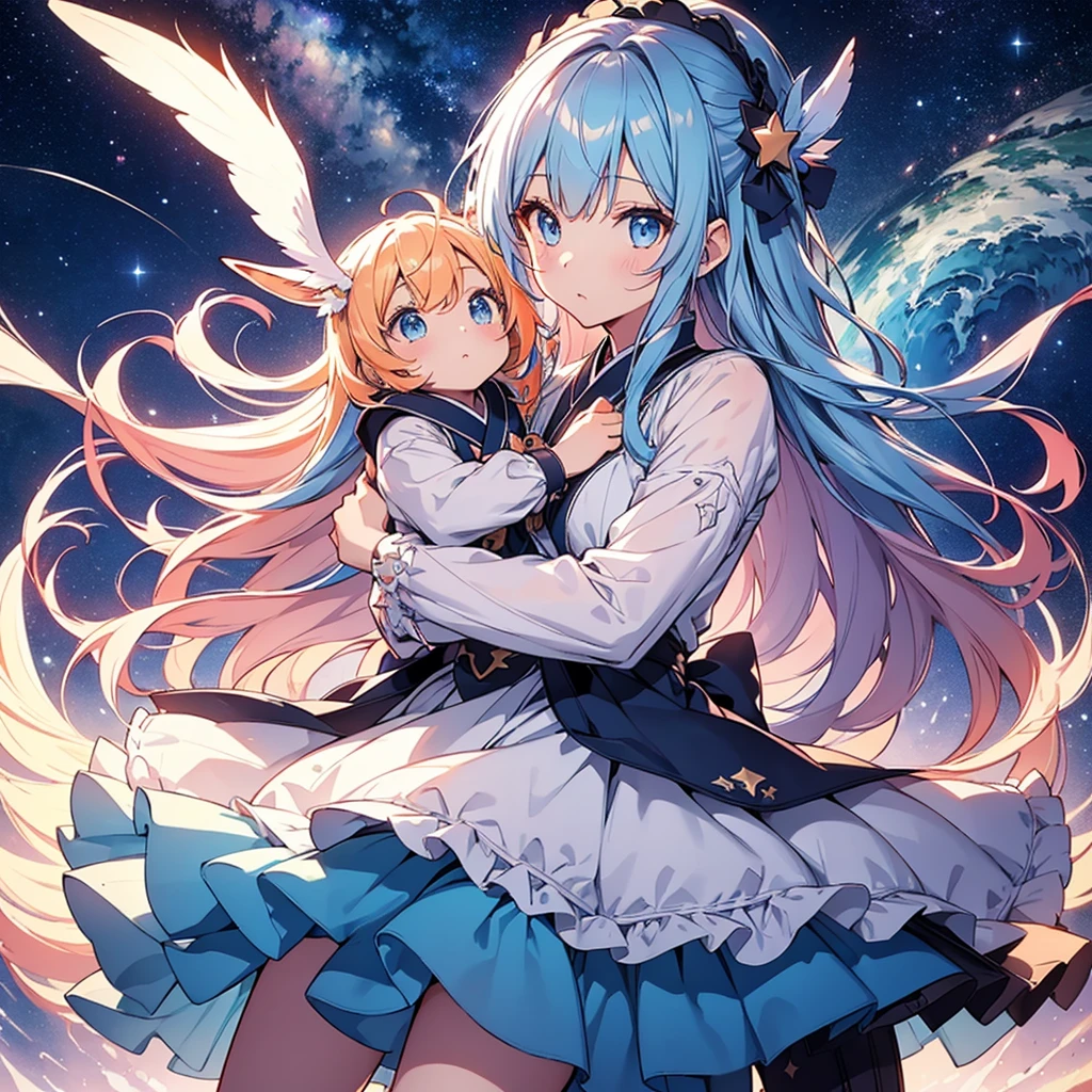 ((2girls)), two girls, 2 girls, two nude angel girl wearing an ethereal translucent dress, pale skin, ((blue mint wavy hair)), white feathers, angel wings, sparkling detailed eyes, golden ratio face, perfect composition, highly detailed, ethereal, (starry night sky background), midjourney style