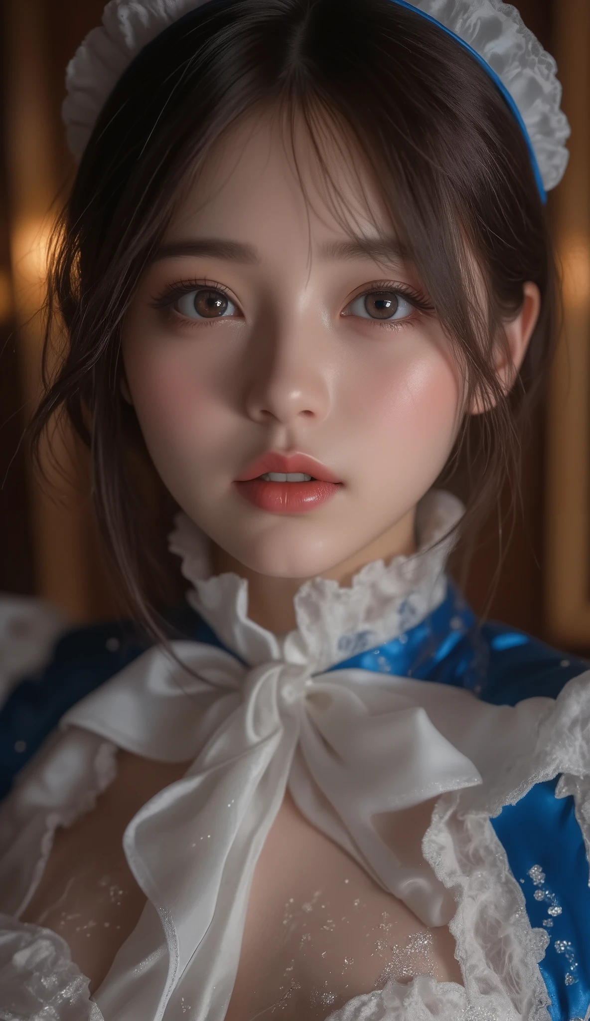 8k,Ultra High Resolution , Best Quality, masterpiece,rule of thirds,golden ratio,surreal,pictures, one woman,( girl:1.3),cute,cute顔, Beautiful Eyes in Every Detail , 細かくdetails,mature woman,Princess,Full body,black hair,Short Bob,ID photo, luxurious and beautiful ,( famous Japanese idol girl),Booties,(((detailed blue and white Edwardian maid outfit 10.0)))(((luxury Edwardian maid costume)))(((girl in a blue and Edwardian maid costume))),(((smile with raised corners of mouth))),((((Dynamic Dressed Nipple Massage 5.0))),(((dress up in a charming chest 5.0))),((( dynamic pose)))(((smile with raised corners of mouth))), very delicate expression , delicate eye description,healthy body, ((Female 1)), Height: 160cm ,( thin waist:1.4)、( Beautiful :1.4), pink lips,Profile ,((( ideal figure))),Small A Cup Bust :2, portraits:2、 Perfect Anatomy 、鮮明な details、 details,thin lips,Perfect and beautiful face ,完璧でcute顔, meticulous skin , perfect limb that wraps around the body,thin waist, surreal,Light and Dark,fashion magazine cover,stage lights
