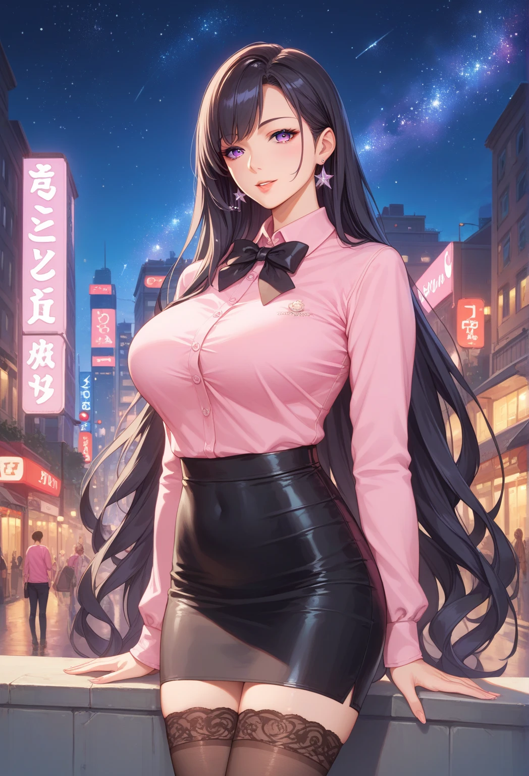 Bewitching busty woman in blue suit and tight skirt、Black tights,Inviting look、Show off your chest、Shirt and brown hair,Ecchi anime style,Kamimei,Red Light District at Night,neons、Bokeh in the background