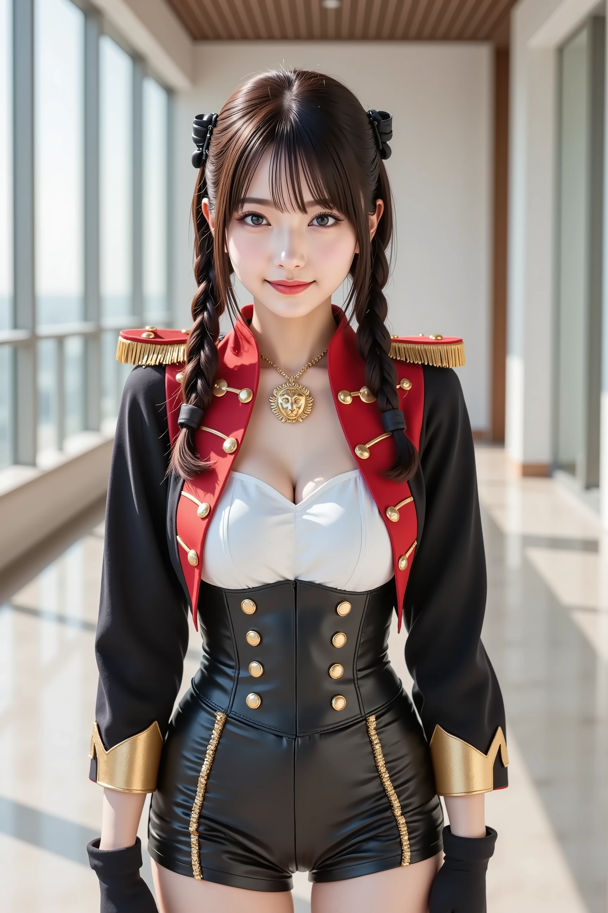 sakura, firm breasts, ultra-high-resolution 8K CG illustration of a Japanese woman portrayed in a portrait. She stands in a spacious, glass-walled interior bathed in daylight, surrounded by large, transparent windows that create a bright, modern background. Her full figure is precisely centered in the frame, with her head completely visible and aligned to both vertical and horizontal midpoints. She has symmetrical features—porcelain skin, dark almond-shaped eyes, and long black hair styled in twin braids resting on her chest. Her expression is calm with a closed-mouth smile. She wears a military-inspired uniform combining red, black, and gold tones. The jacket is tight-fitting with golden fringed epaulettes, a high black collar, and a decorative lion brooch at the neckline. A gold chain crosses her chest. Underneath, a white structured blouse with vertical seams and gold buttons adds contrast. A glossy black corset wraps her waist, adorned with golden decorations, including another lion emblem at the center. The skirt is short, black, and made of leather-like material, featuring symmetrical gold buttons and flap overlays. She wears black gloves reaching the wrist, enhancing the formal aesthetic. Her thighs are bare, and no footwear is visible. Her stance is balanced, with arms at her sides and fingers gently curved. Lighting is soft and ambient, highlighting her collarbones, shoulders, and legs without harsh contrast. The setting remains minimal, with steel-framed glass walls and no outdoor elements, directing attention to her and her detailed uniform. The rendering uses Unity-style CG with high-detail textures, showcasing the sharpness of leather, embroidery, and skin, arranged in a symmetrical, photorealistic composition.