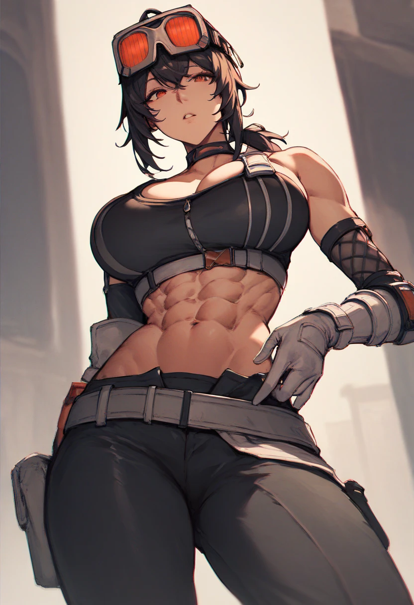 Solo, female, black turtleneck tunic, fantasy outfit, forest, short plum colored hair, wavy hair, messy hair, (dark tan skin), glasses, (cropped chocolate cloak), athletic, slightmuscle, slightly muscular, ((baggy pants)), smirking slightly, bright blue eyes, cleavage, abs, cat tail, cat ears, thick lips, big lips, open mouth, silver armor, knight