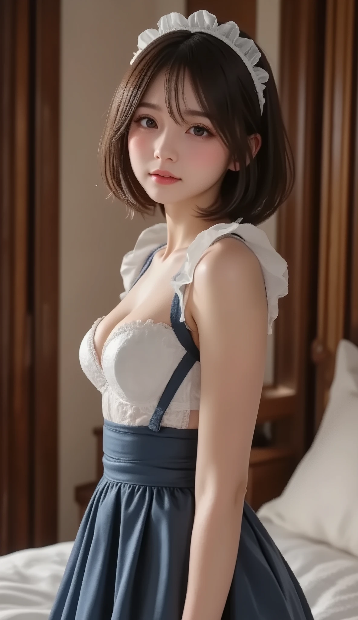 (8k, RAW photo, best quality, master:1.2), (realistic, photo-realistic:1.37), ultra detailed, 1 girl, cute, solo, beautiful detailed sky, detailed face, night, (nose blush), (smile: 1.1), big breasts, beautiful and detailed eyes, buttoned unbuttoned, (collar shirt: 1.1), bow tie, pleated skirt, (short hair: 1.2), eye shadow, small face, big eyes, full body shot, bare shoulders, indoor, lying on bed, M legs
