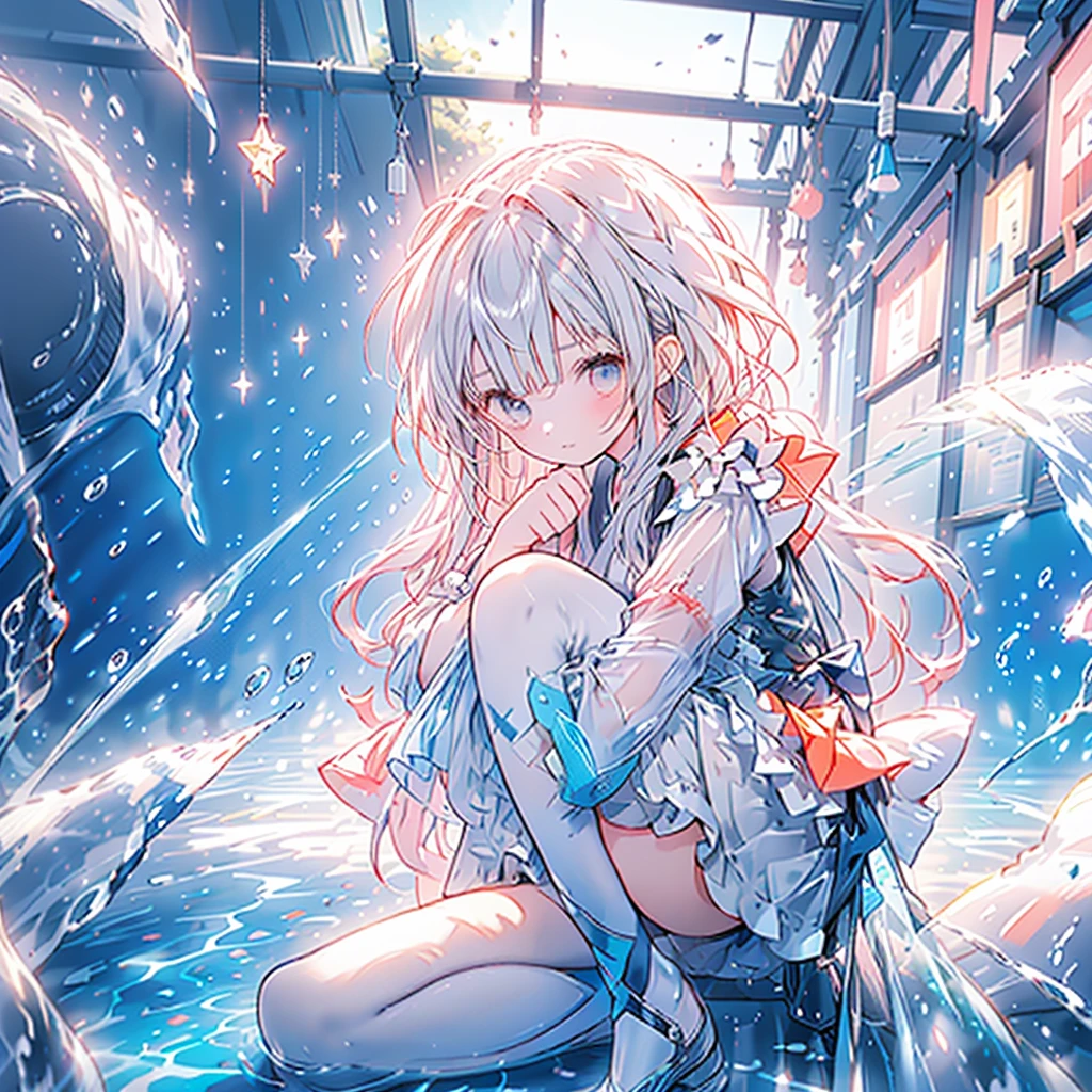 ((A close up)) of anime teen girl, (((((sitting down in the roads of the streets))))), (mostly naked), ((barefoot)), (cinematic light), skin is perfectly white, soft, and smooth, ((no nsfw)), Extremely delicate and beautiful CG illustration, small thigh, slim body, best quality, high resolution, dynamic angle, full-length lens, (((1 girl))), (detailed eyes), soft light, high-key lighting), glowing light, feathers fluttering background, blue crystal, ((blue glowing ring around her ankle)), (((wearing (only) a white (transparent) tank top))), ((((raining: 1.6))))