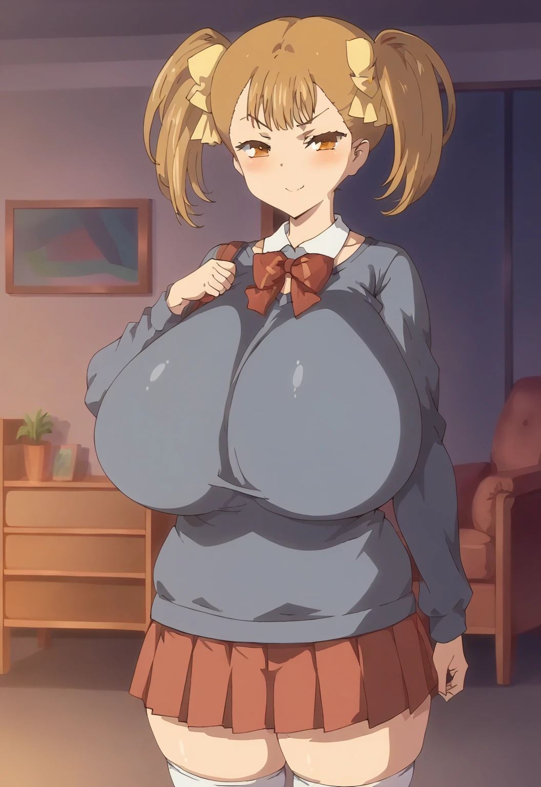 safe_pos, Score_9, rumi, light brown hair, yellow ribbons in hair, orange eyes, middle bangs, shoulder length hair, twintails, 1girl, (huge breasts:1.3), thick thighs, standing, living room, navy blue jumper, long sleeves, red bowtie, white collar, red skirt, pleated skirt, white thighhighs, smile, smug look, looking at viewer, blush, cowboy shot, morning 