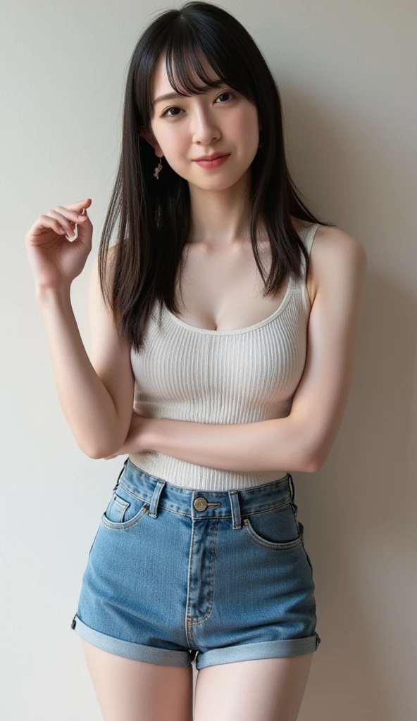 (masterpiece:1.2,8k, raw photo, ultra quality), absurdres, (photo realistic:2), high detail raw color photo,skiny skin, professional photograph,((best quality))、Beautiful Japanese office lady、Denim mini skirt、knee boots、A tight, transparent brown T-shirt、(Panty peeking)、(Magenta Panties)、smile、(View your viewers)、short hair、Gray background、Sit on a chair、Flash photography、cleavage cutout、(skirt lift)、hands behind head、legs together、from below、upskirt