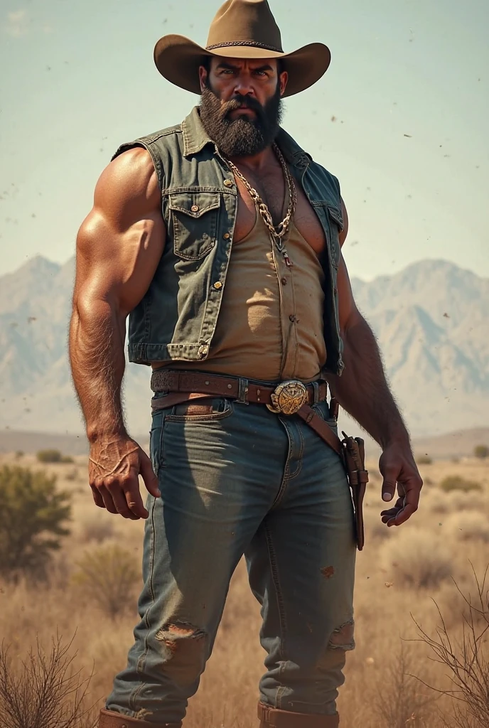 masterpiece, 8k, ultra-high definition, extremely high resolution, ultra realistic, photorealistic, High Detail RAW Color Photo, Professional Photo, perfect lighting, perfect composition, perfect size of all image elements, ultra sharp focus, cinematic lighting, highly detailed textures, A very tall, extremely muscular bodybuilder with pale white skin and a bald head, confidently stands in an impeccably detailed Old West town. He's wearing a rugged, weathered cowboy outfit that includes a black leather jacket, a fitted black shirt that clings to his massive chest and well-defined abs, and blue denim jeans that highlight his powerful legs. A wide-brimmed cowboy hat sits firmly on his head, casting a slight shadow over his sharp, chiseled face. His brown leather boots, complete with spurs, are planted firmly in the dusty street. The setting around him is filled with intricately detailed wooden saloons, rustic fences, and weathered signs, all bathed in the warm, golden light of the setting sun. Shadows stretch across the ground, adding depth to the scene. Dust particles float lazily in the air, catching the light and enhancing the authenticity of the environment. The textures of the old wood, the worn leather, and even the cowboy's weathered hat are captured with stunning detail, creating an immersive, hyper-realistic depiction of life in the Old West. Every element is meticulously rendered to convey the rugged yet majestic beauty of the scene, as if it were captured by a professional photographer who specializes in high-end, cinematic Western imagery