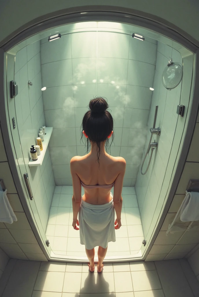 1girl,nude, black hair, facing away from viewer, in bathroom, standing behind a blur glass, taking a shower,full body in image , backside of her body towards the viewer, ultra-detailed, realistic, high resolution, 8k, masterpiece