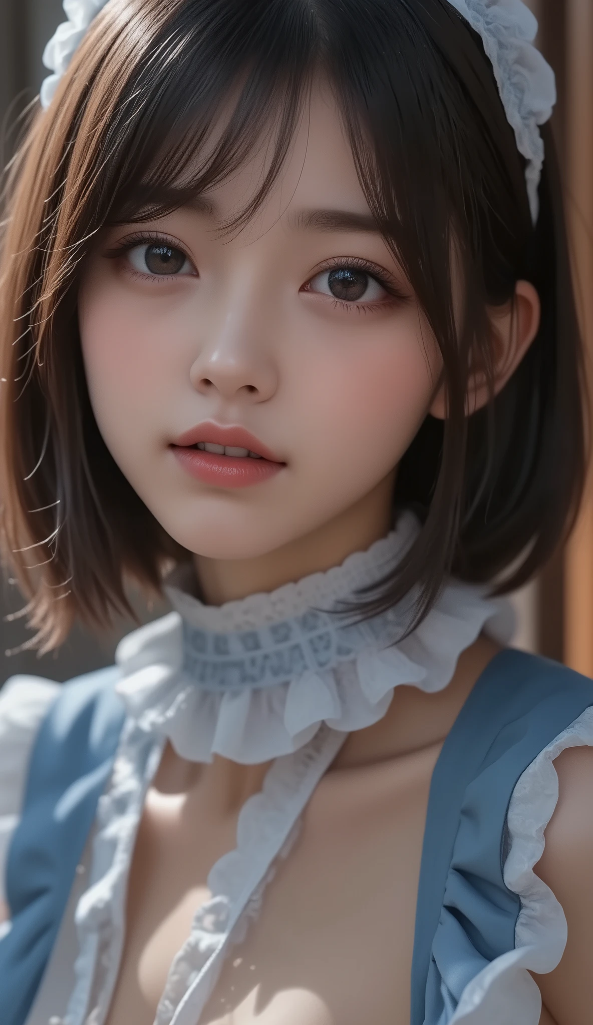 8k,Ultra High Resolution , Best Quality, masterpiece,rule of thirds,golden ratio,surreal,pictures, one woman,( girl:1.3),cute,cute顔, Beautiful Eyes in Every Detail , 細かくdetails,mature woman,Princess,Full body,black hair,Short Bob,ID photo, luxurious and beautiful ,( famous Japanese idol girl),Booties,(((detailed blue and white Edwardian maid outfit 10.0)))(((luxury Edwardian maid costume)))(((girl in a blue and Edwardian maid costume))),(((smile with raised corners of mouth))),((((Dynamic Dressed Nipple Massage 5.0))),(((dress up in a charming chest 5.0))),((( dynamic pose)))(((smile with raised corners of mouth))), very delicate expression , delicate eye description,healthy body, ((Female 1)), Height: 160cm ,( thin waist:1.4)、( Beautiful :1.4), pink lips,Profile ,((( ideal figure))),Small A Cup Bust :2, portraits:2、 Perfect Anatomy 、鮮明な details、 details,thin lips,Perfect and beautiful face ,完璧でcute顔, meticulous skin , perfect limb that wraps around the body,thin waist, surreal,Light and Dark,fashion magazine cover,stage lights
